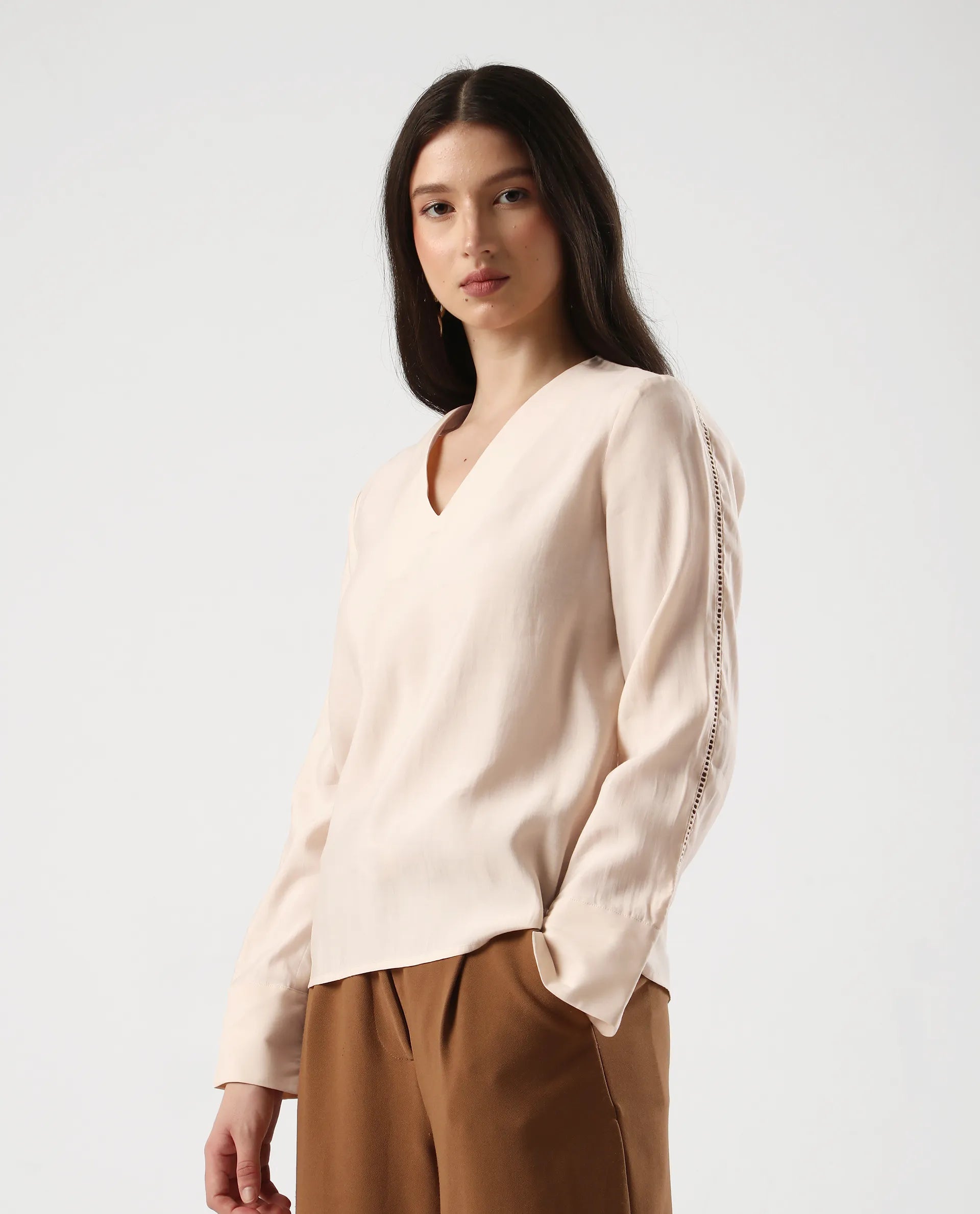 Rareism Women's Elani Beige Viscose Blend V-Neck Regular Fit Plain Top