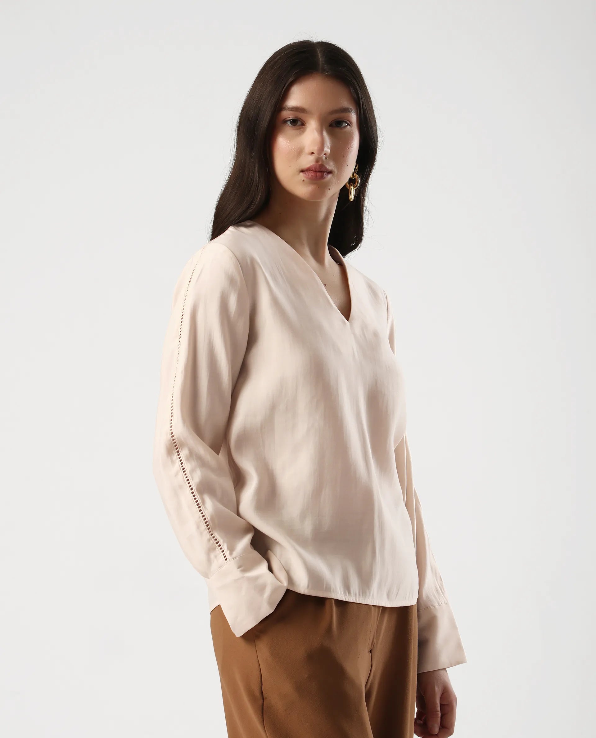 Rareism Women's Elani Beige Viscose Blend V-Neck Regular Fit Plain Top