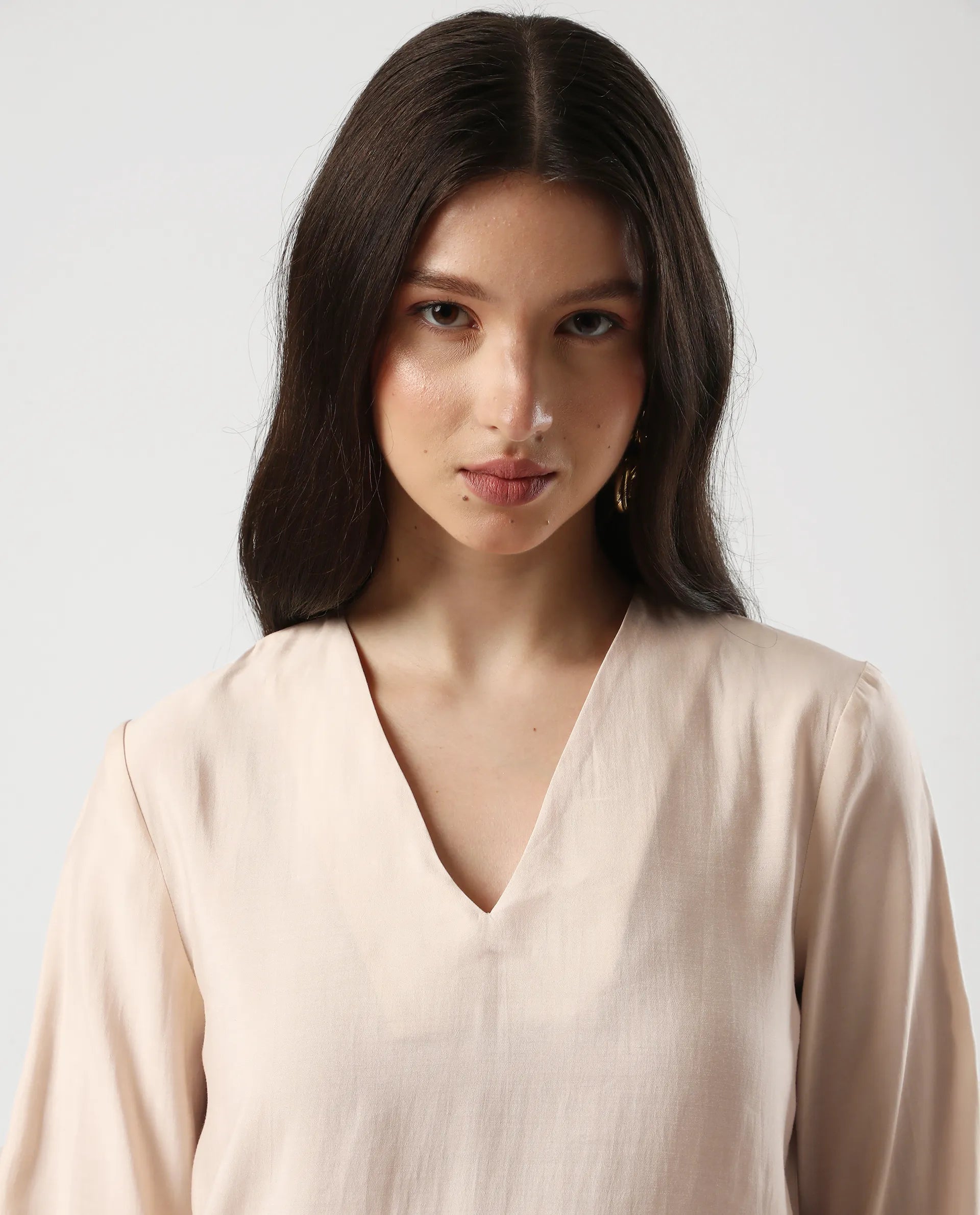 Rareism Women's Elani Beige Viscose Blend V-Neck Regular Fit Plain Top