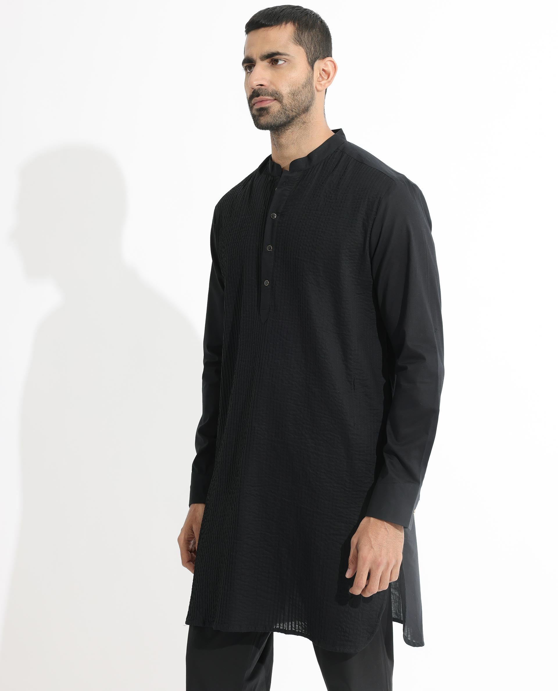 Rare Rabbit Men's Ethnic Black Cotton Fabric Mandarin Collar Full Sleeves Pintuck Kurta