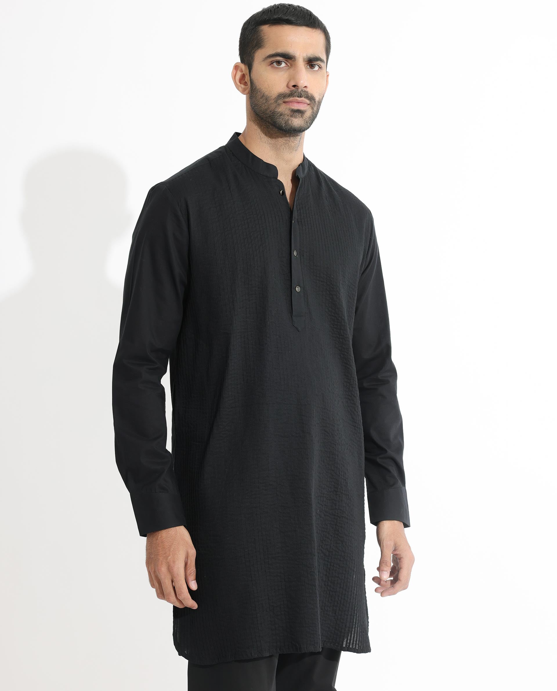 Rare Rabbit Men's Ethnic Black Cotton Fabric Mandarin Collar Full Sleeves Pintuck Kurta
