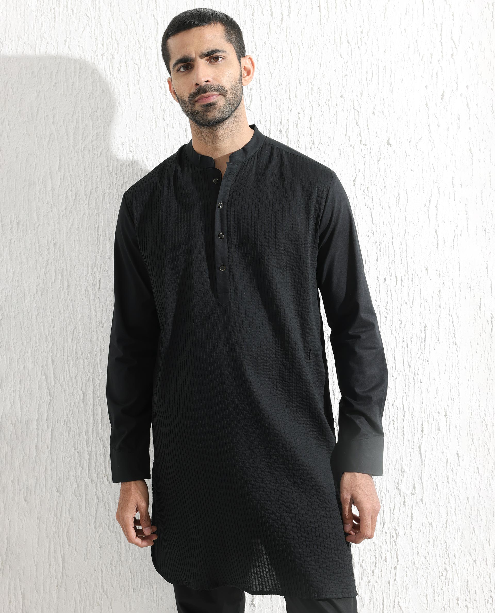 Rare Rabbit Men's Ethnic Black Cotton Striped Print Regular Fit Full Sleeve Mandarin Collar Kurta