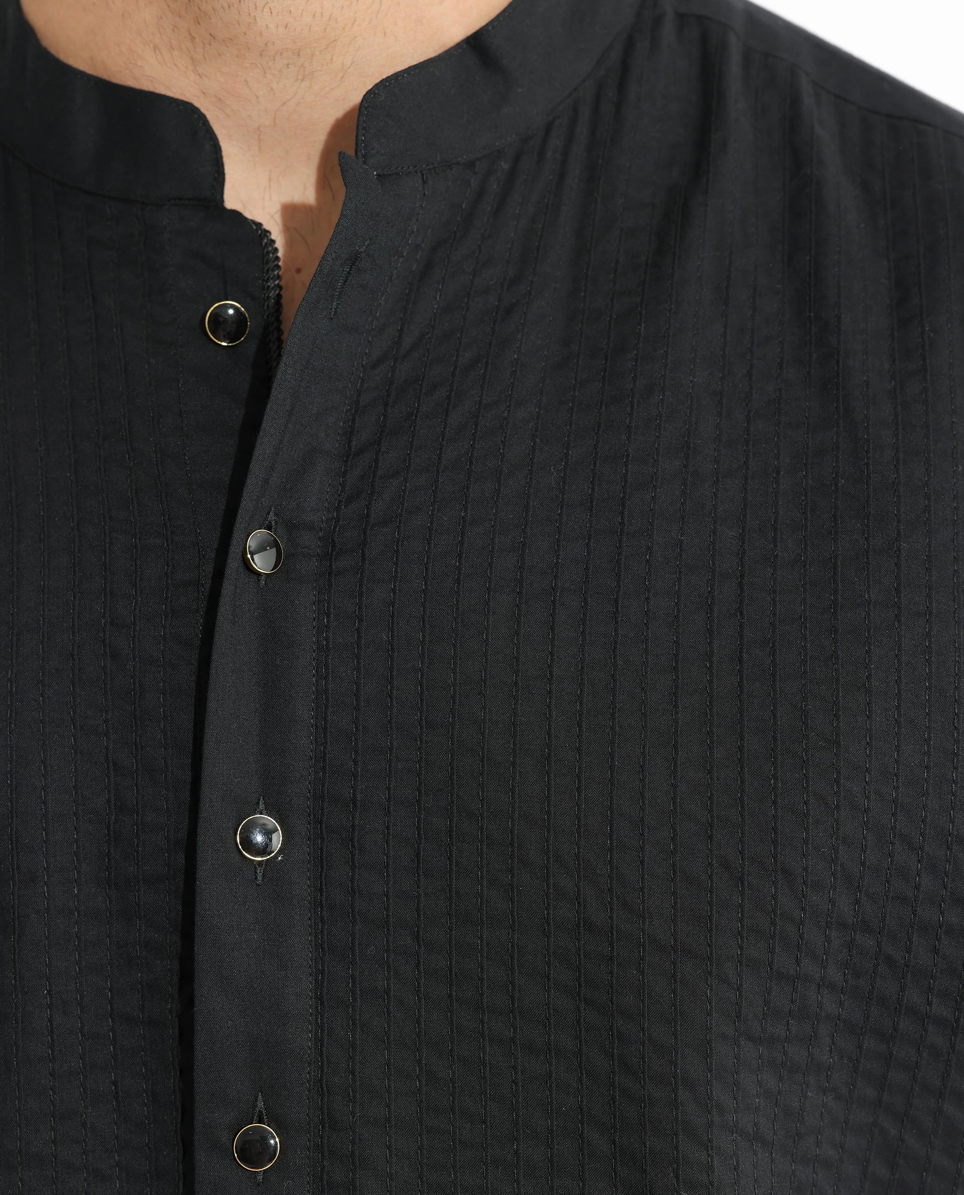 Rare Rabbit Men's Ethnic Black Cotton Fabric Mandarin Collar Full Sleeves Pintuck Kurta