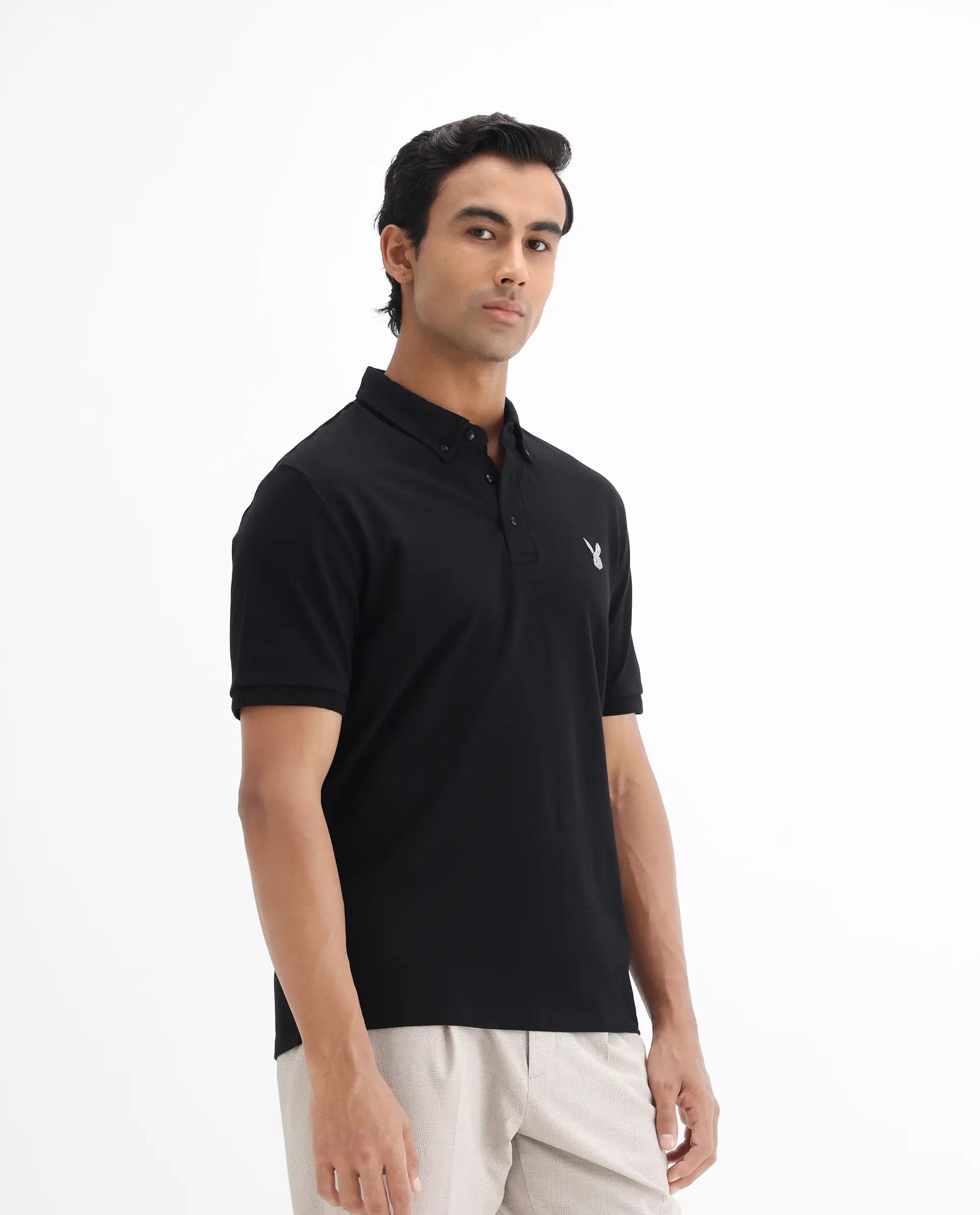 Rare Rabbit Men's Face Black Cotton Embroidered Regular Fit Half Sleeve Polo