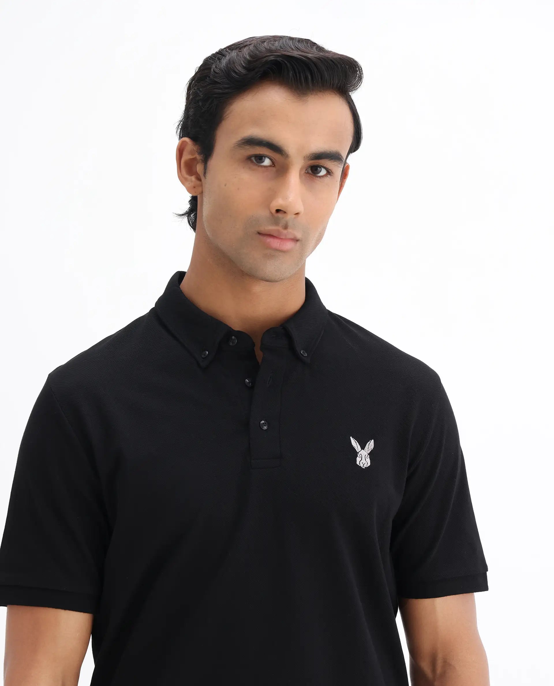 Rare Rabbit Men's Face Black Cotton Embroidered Regular Fit Half Sleeve Polo