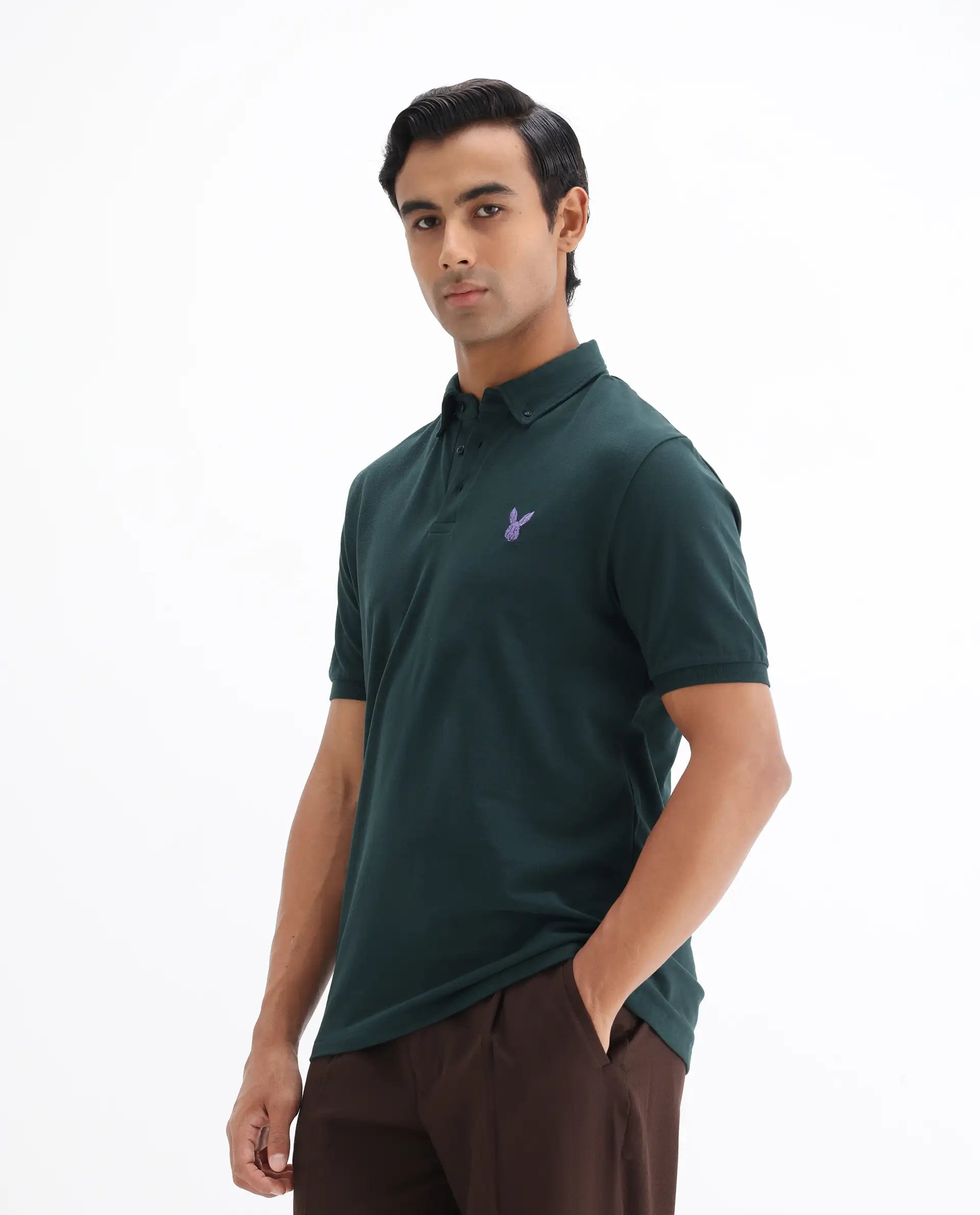 Rare Rabbit Men's Face Dark Green Cotton Embroidered Regular Fit Half Sleeve Polo