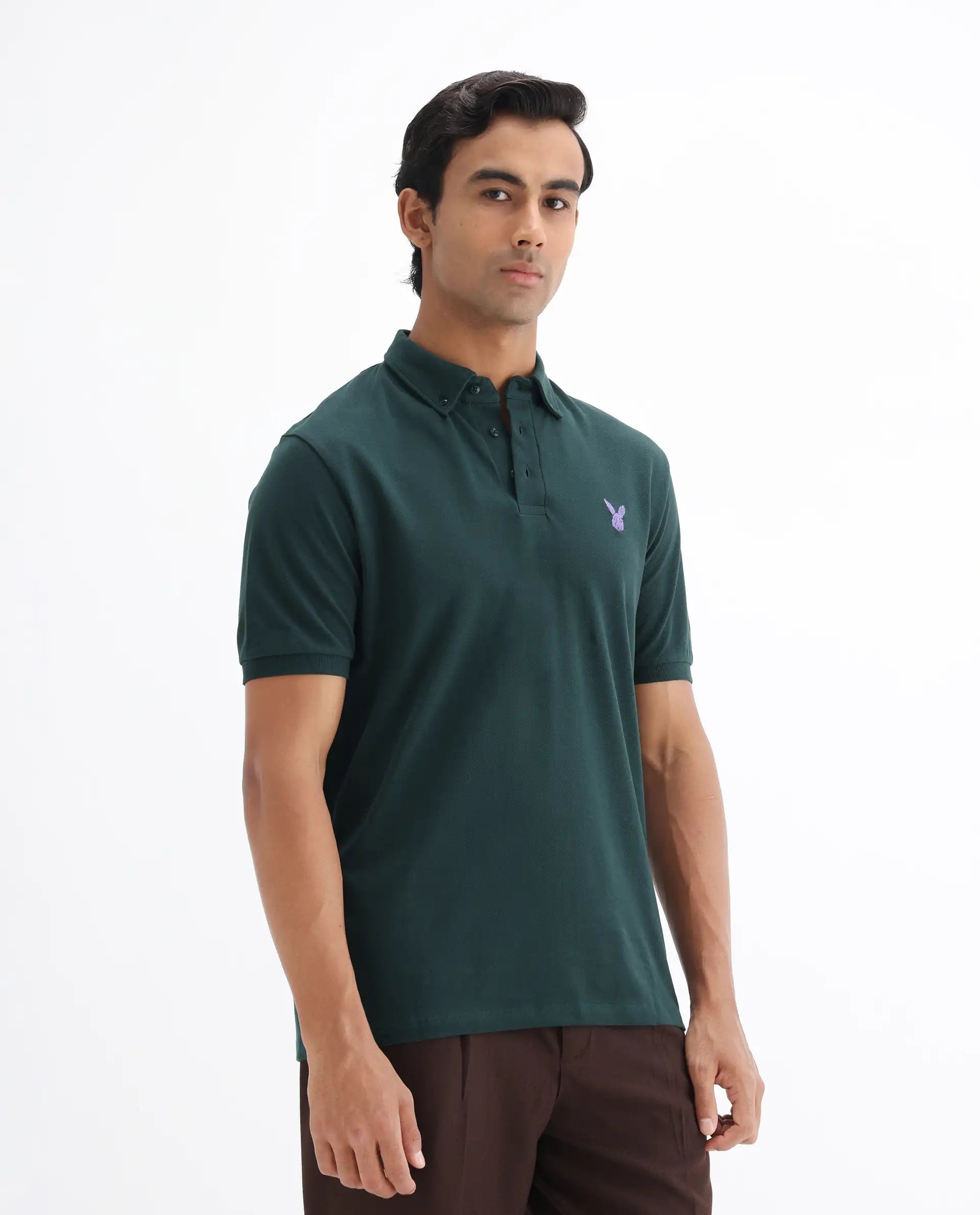 Rare Rabbit Men's Face Dark Green Cotton Embroidered Regular Fit Half Sleeve Polo