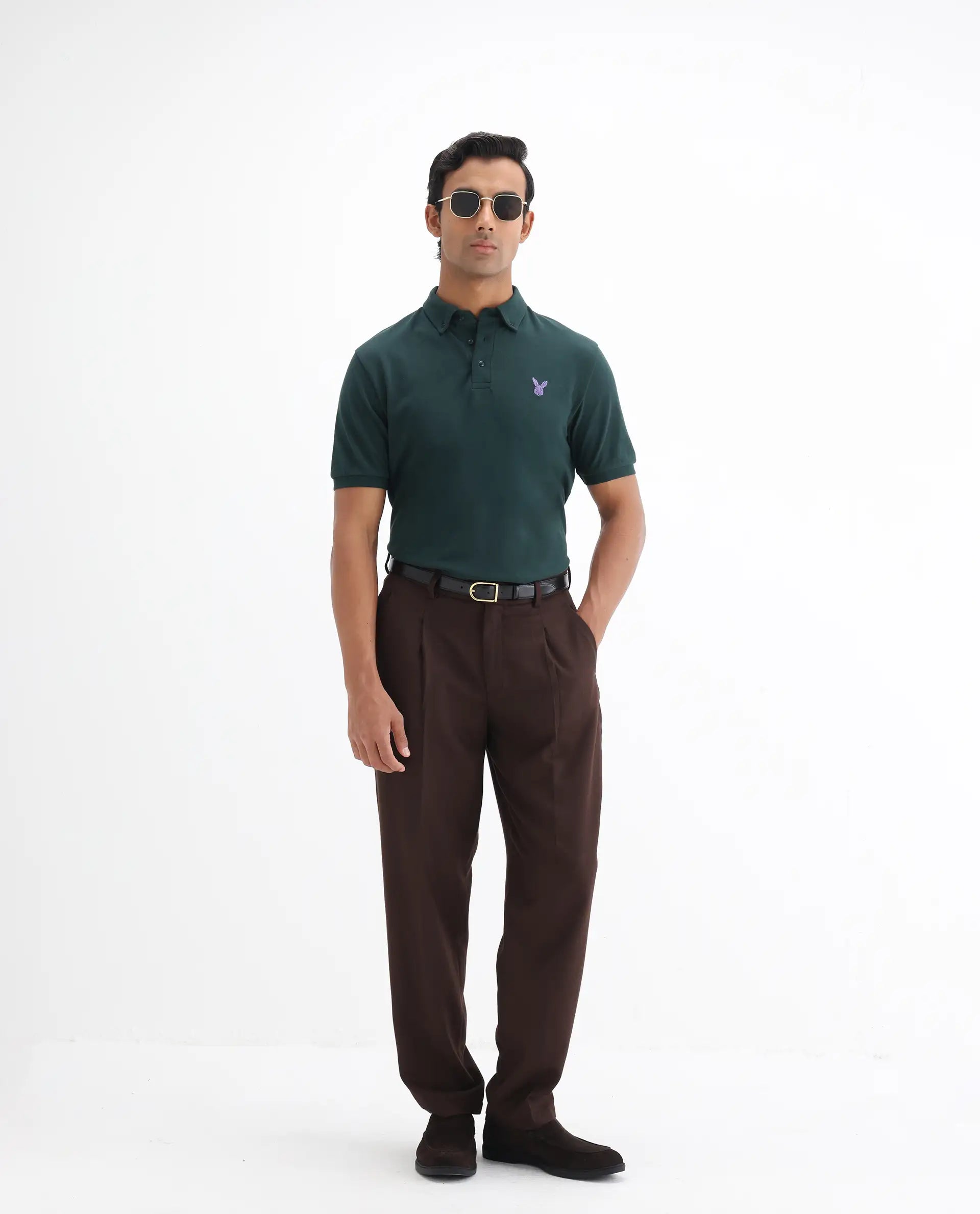 Rare Rabbit Men's Face Dark Green Cotton Embroidered Regular Fit Half Sleeve Polo