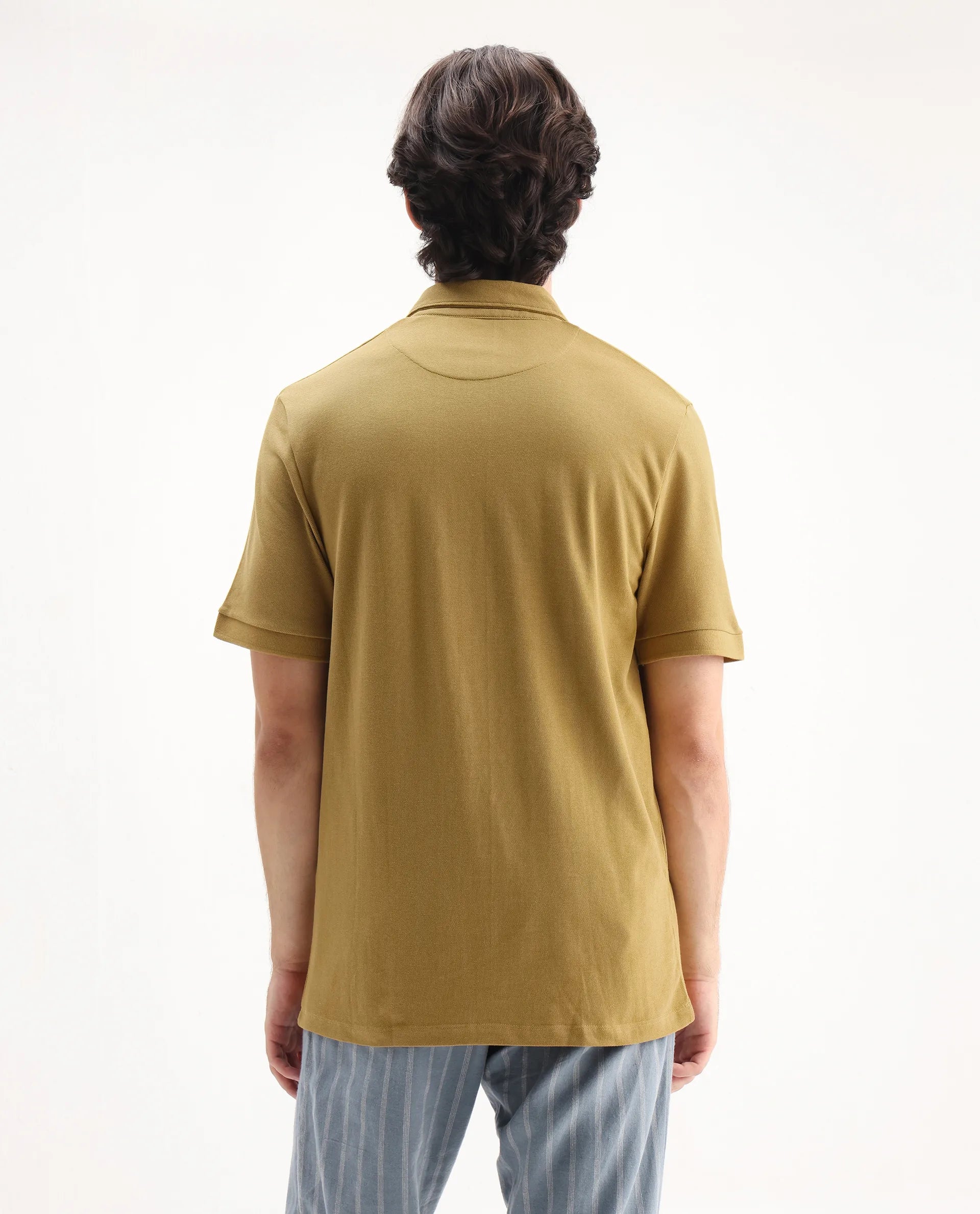 Rare Rabbit Men's Face Dusky Yellow Cotton Embroidered Regular Fit Half Sleeve Polo