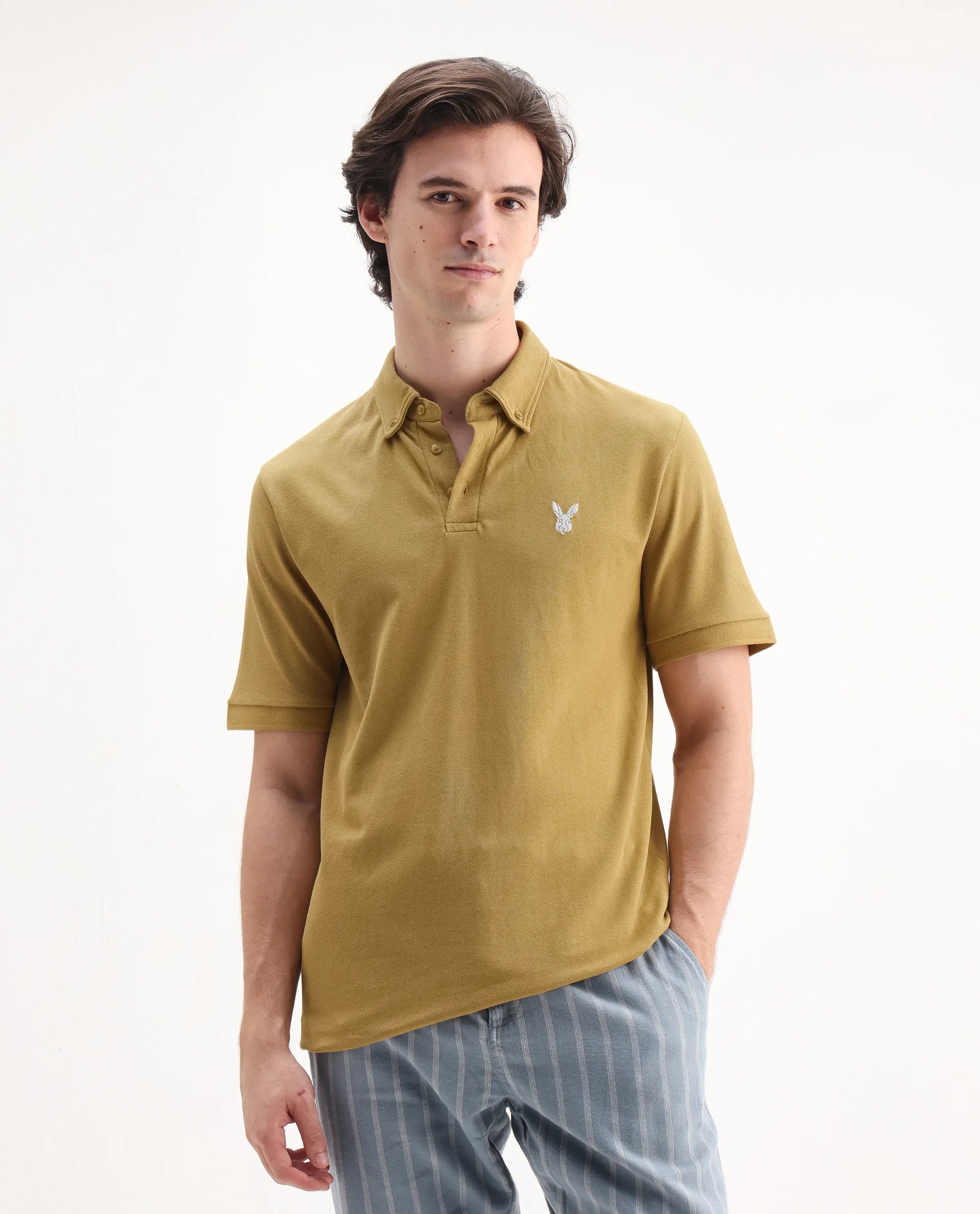 Rare Rabbit Men's Face Dusky Yellow Cotton Embroidered Regular Fit Half Sleeve Polo
