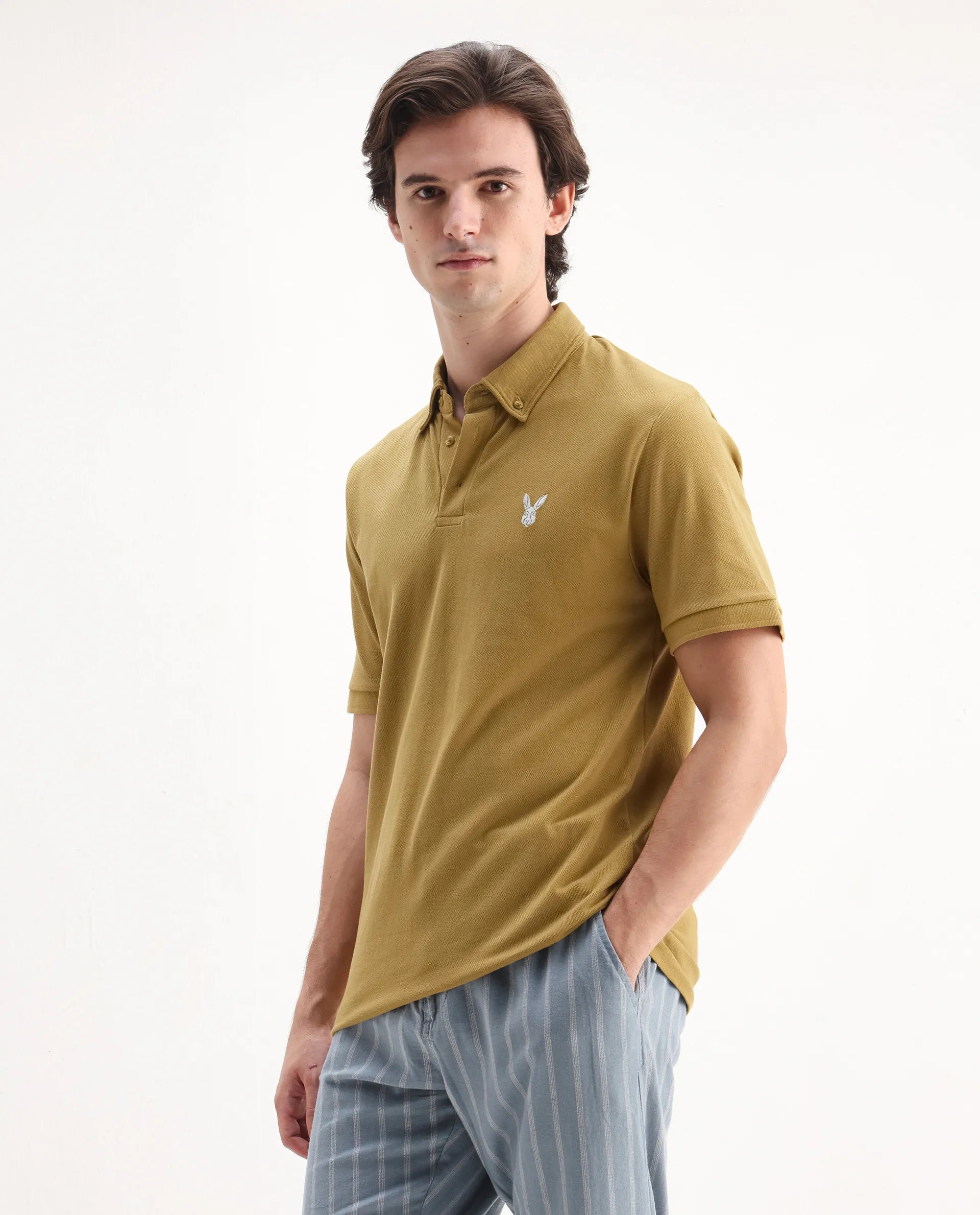 Rare Rabbit Men's Face Dusky Yellow Cotton Embroidered Regular Fit Half Sleeve Polo