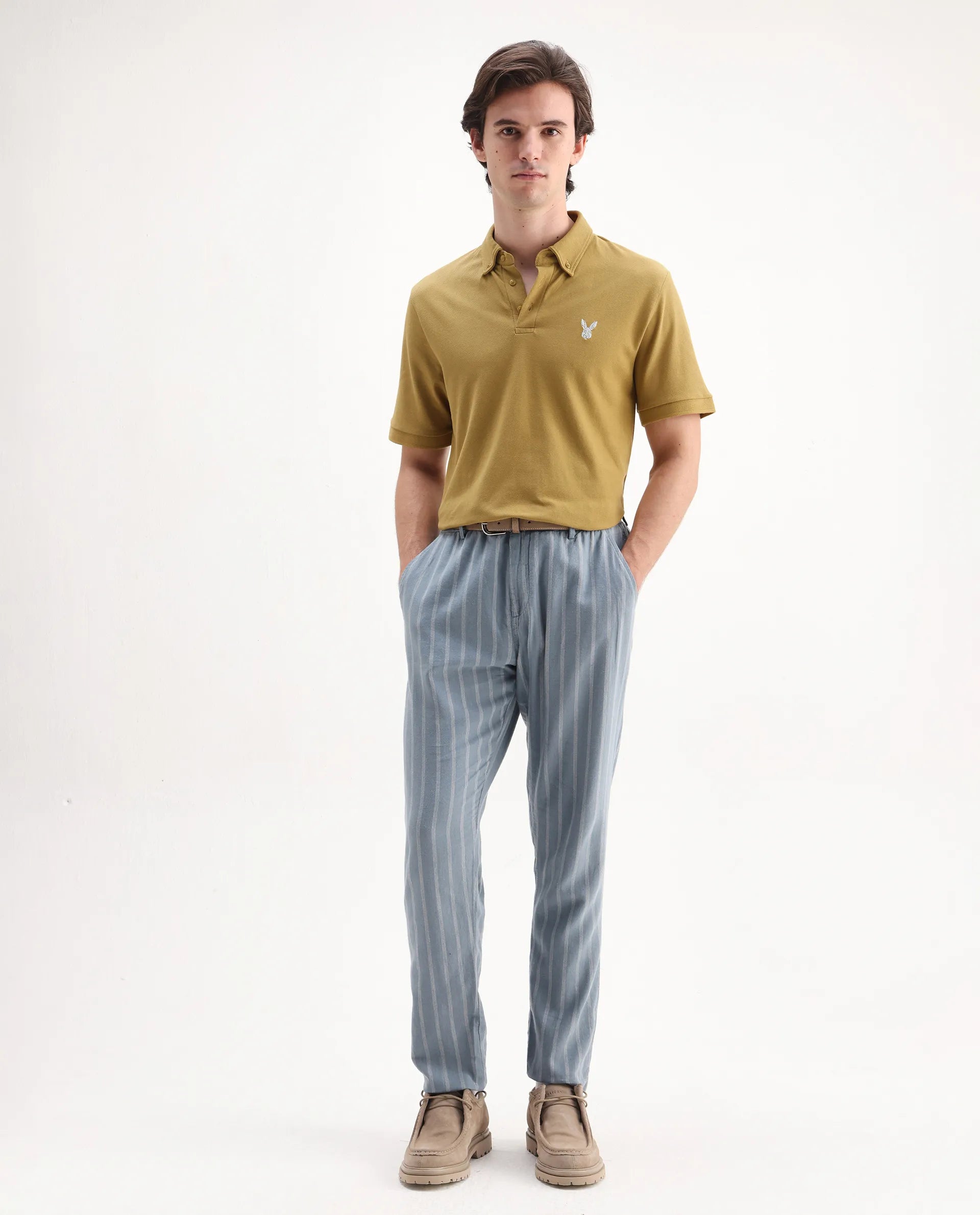 Rare Rabbit Men's Face Dusky Yellow Cotton Embroidered Regular Fit Half Sleeve Polo