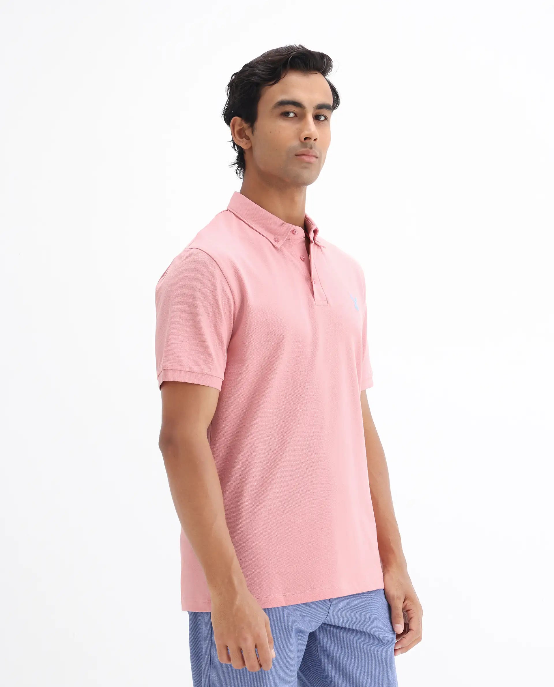 Rare Rabbit Men's Face Light Pink Cotton Embroidered Regular Fit Half Sleeve Polo