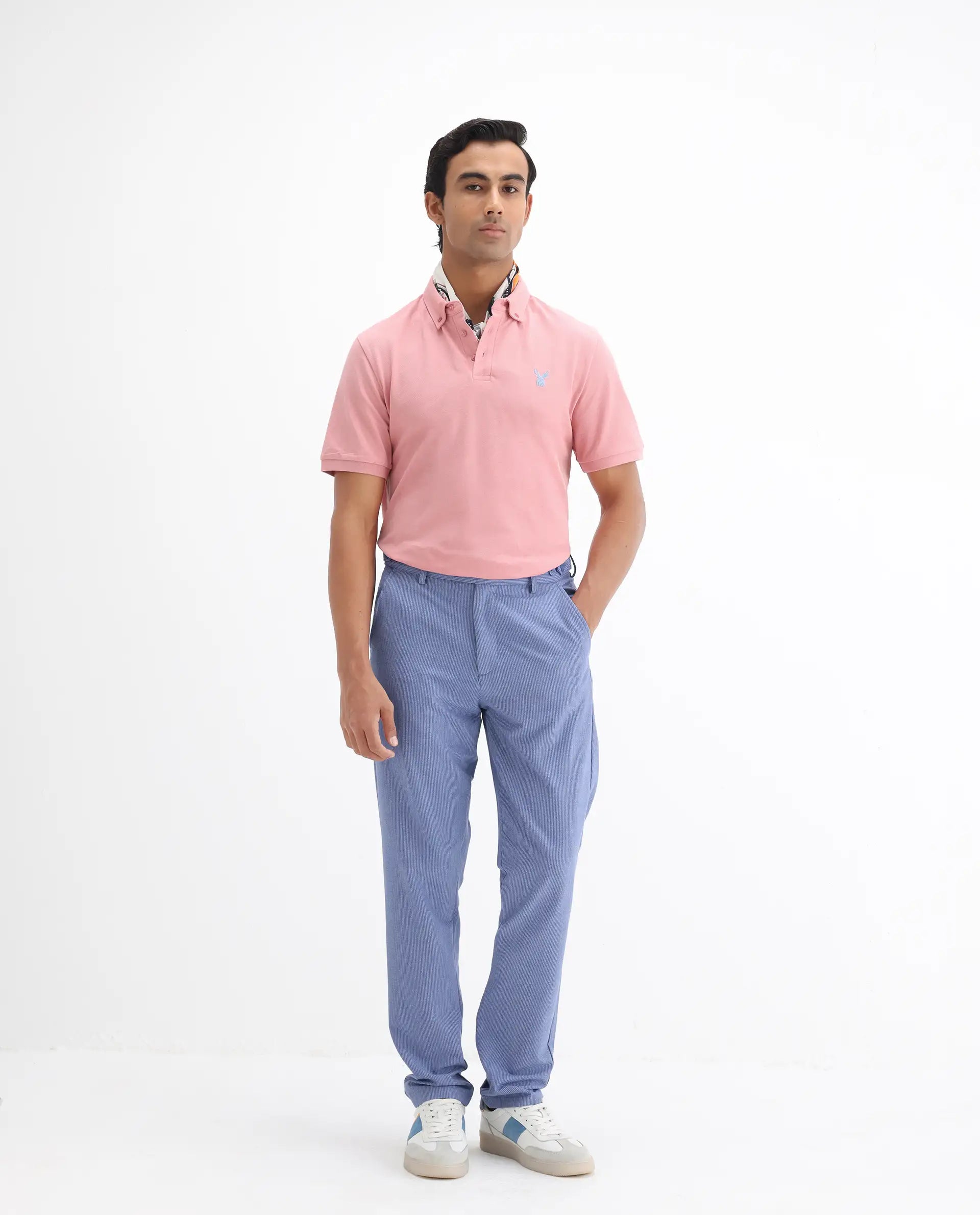 Rare Rabbit Men's Face Light Pink Cotton Embroidered Regular Fit Half Sleeve Polo