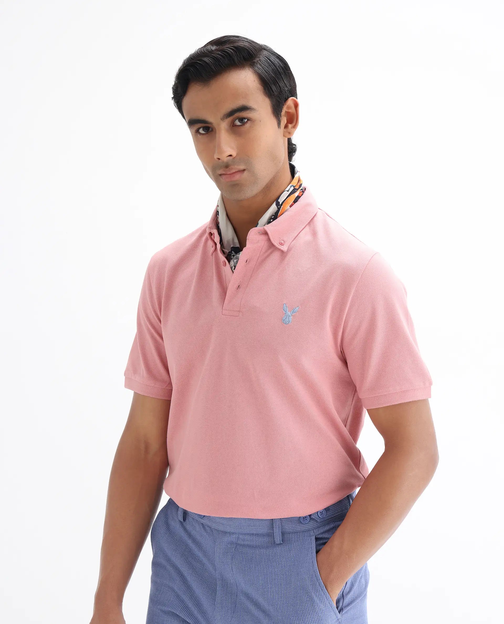 Rare Rabbit Men's Face Light Pink Cotton Embroidered Regular Fit Half Sleeve Polo