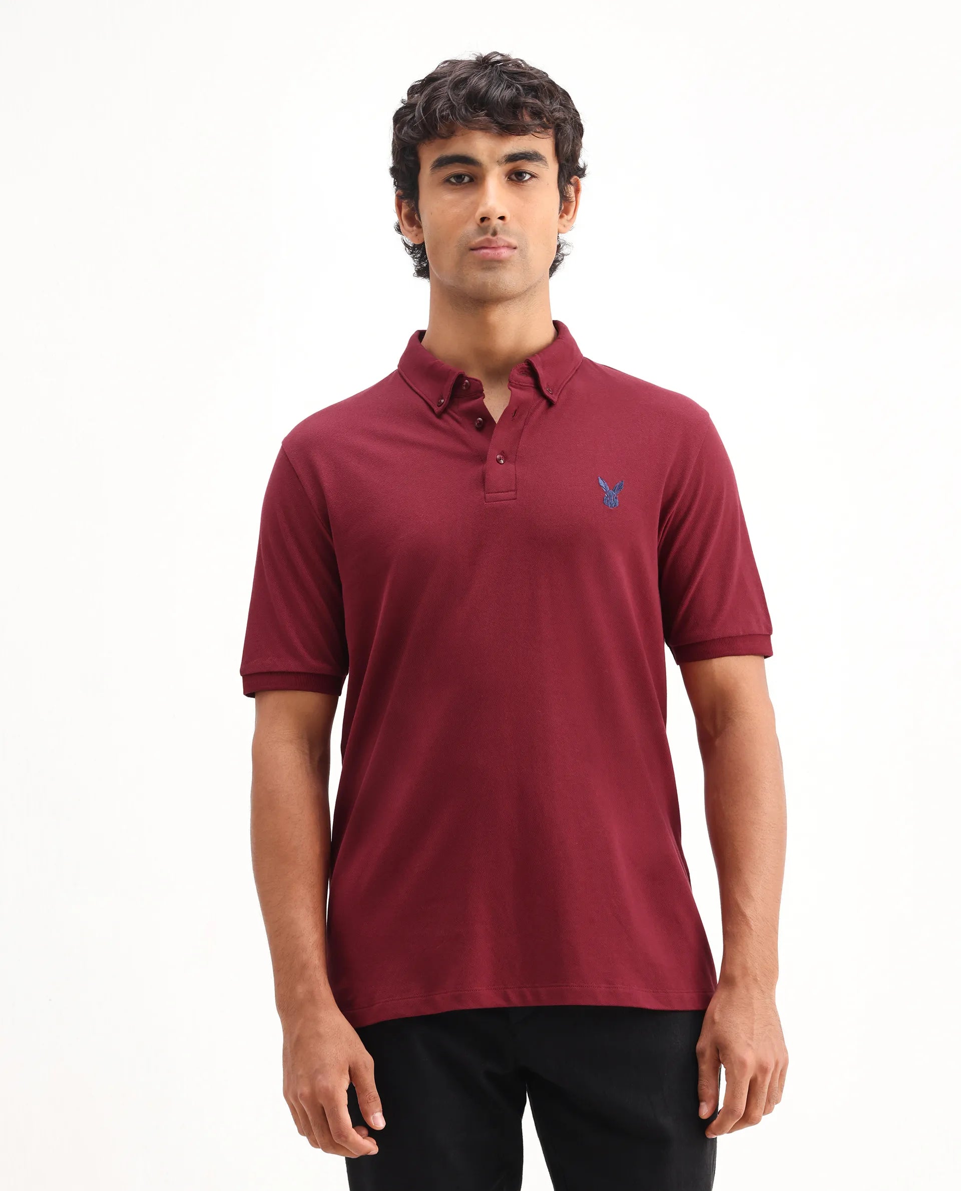 Rare Rabbit Men's Face Red Cotton Embroidered Regular Fit Half Sleeve Polo