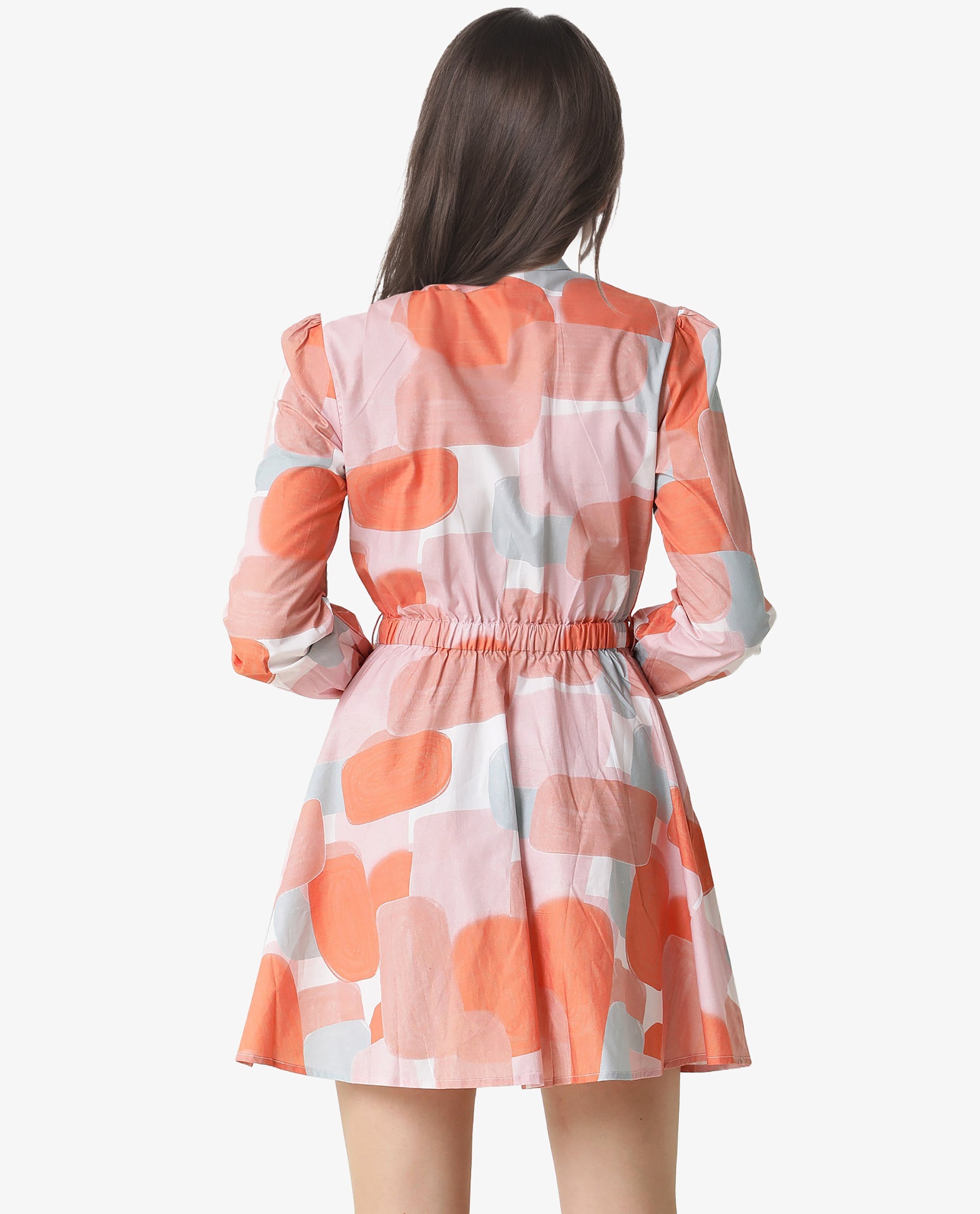 Rareism Women Faces Peach Abstract Print Mandarin Collar Full Sleeves With Front Full Button Placket And Pockets Mini Dress