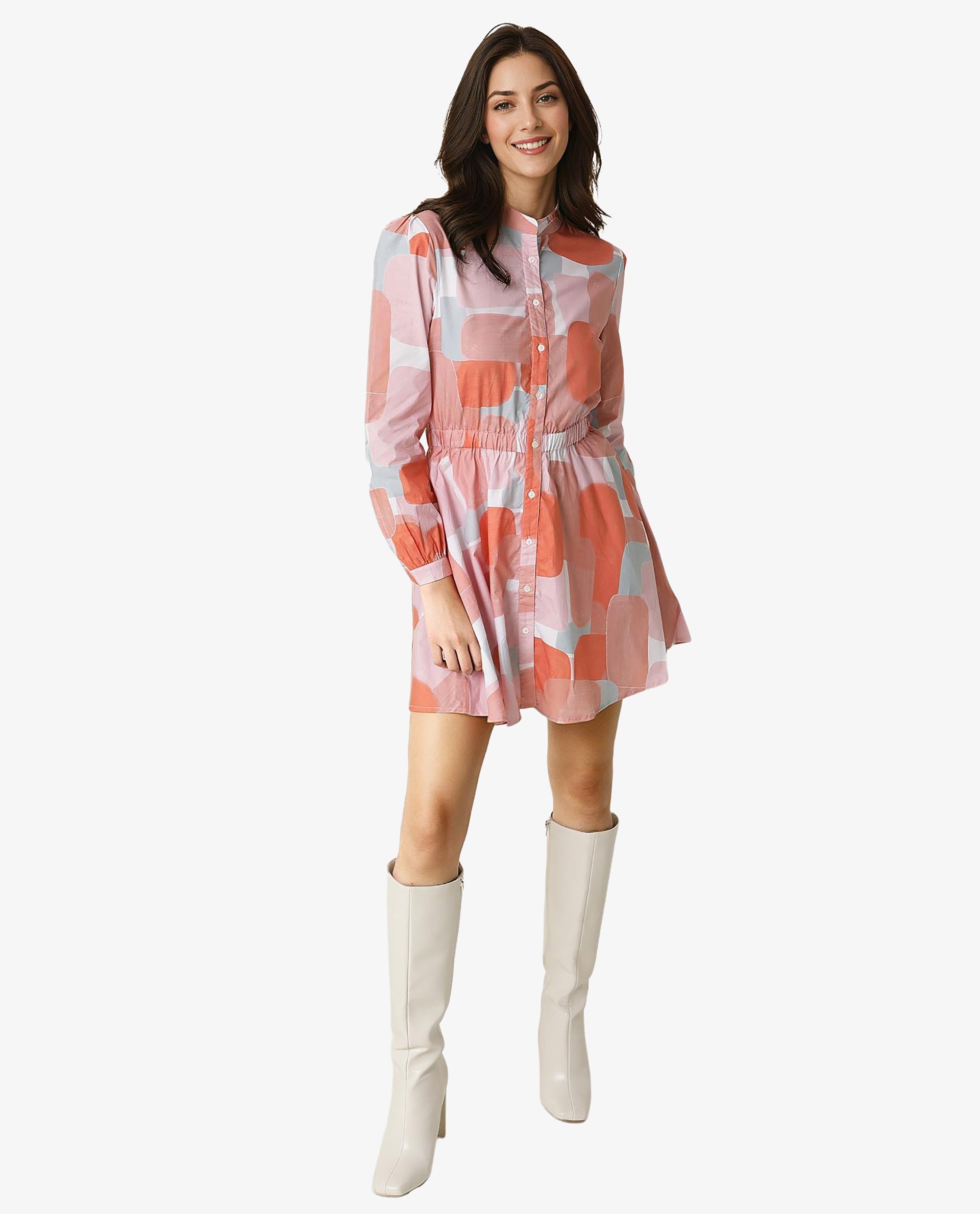 Rareism Women Faces Peach Abstract Print Mandarin Collar Full Sleeves With Front Full Button Placket And Pockets Mini Dress