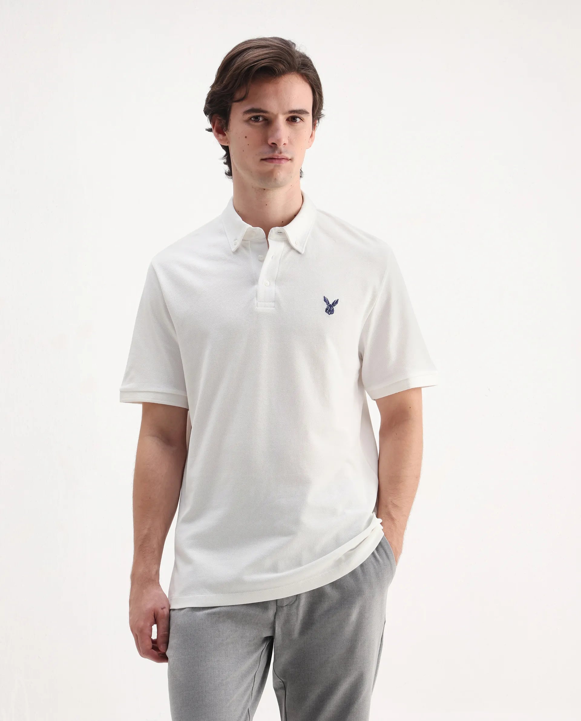 Rare Rabbit Men's Face White Cotton Embroidered Regular Fit Half Sleeve Polo