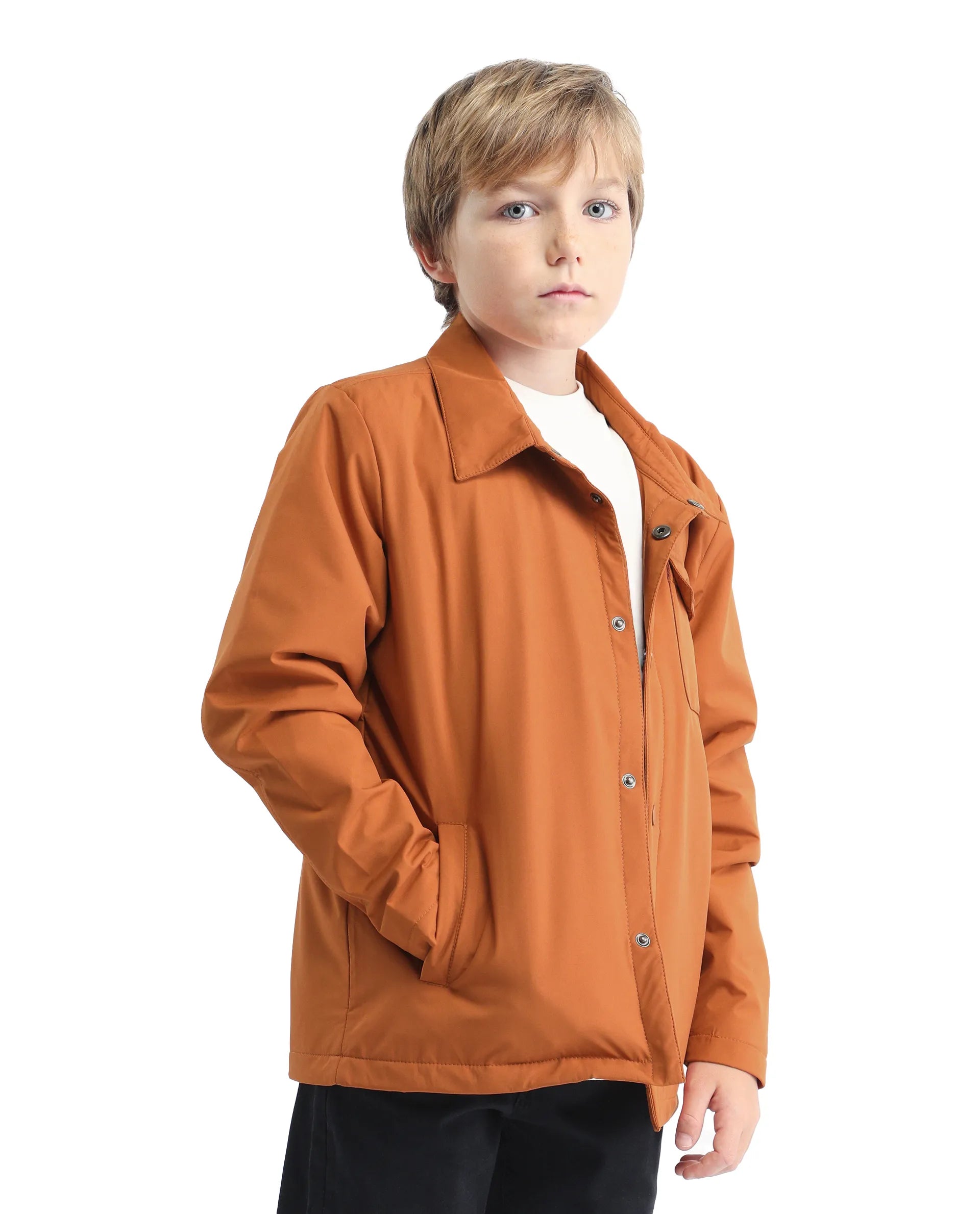 Rare Ones Kids Fagu-K Orange Polyester Button Closure Flat Collar Plain Full Sleeves Regular Fit Jacket
