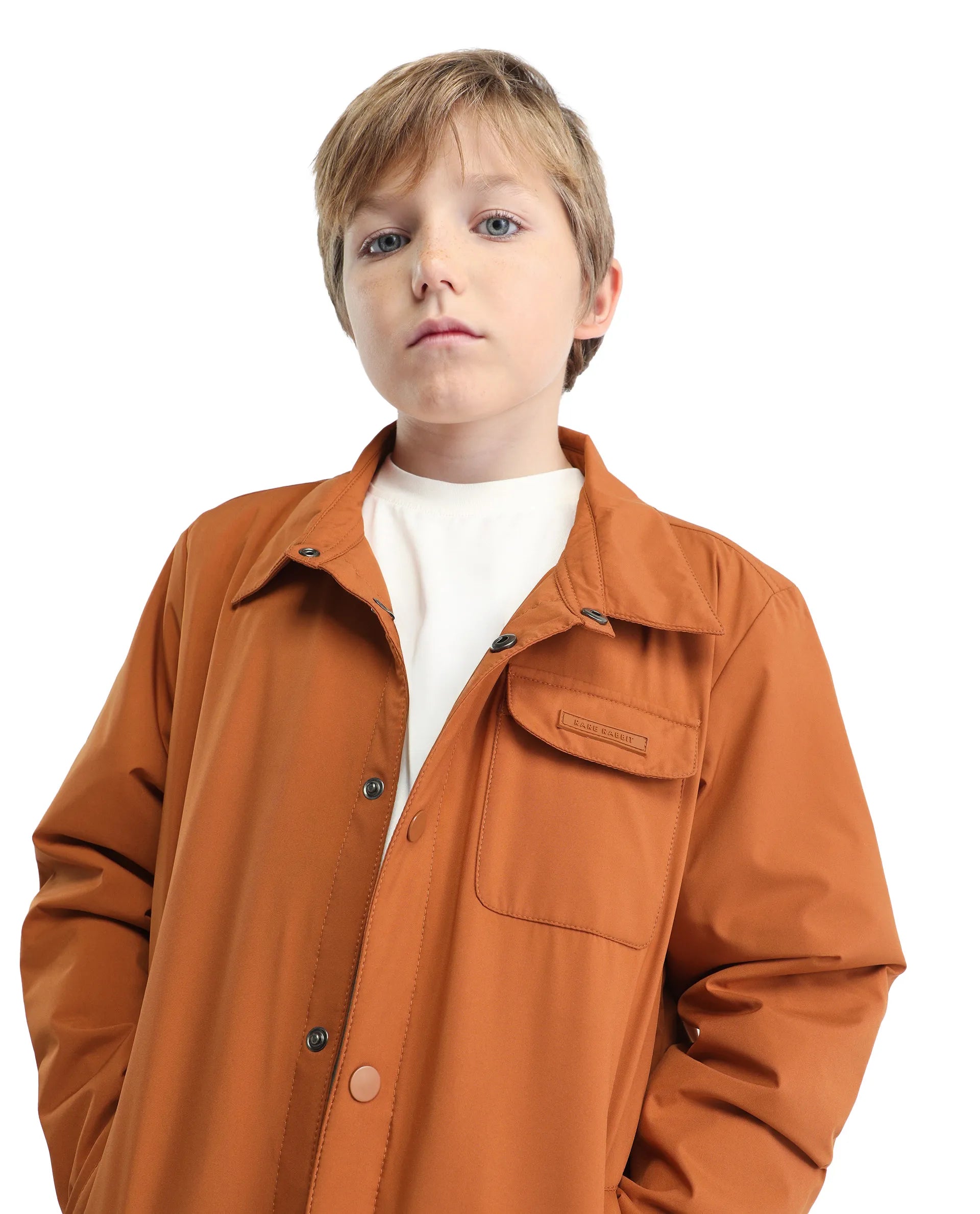 Rare Ones Kids Fagu-K Orange Polyester Button Closure Flat Collar Plain Full Sleeves Regular Fit Jacket
