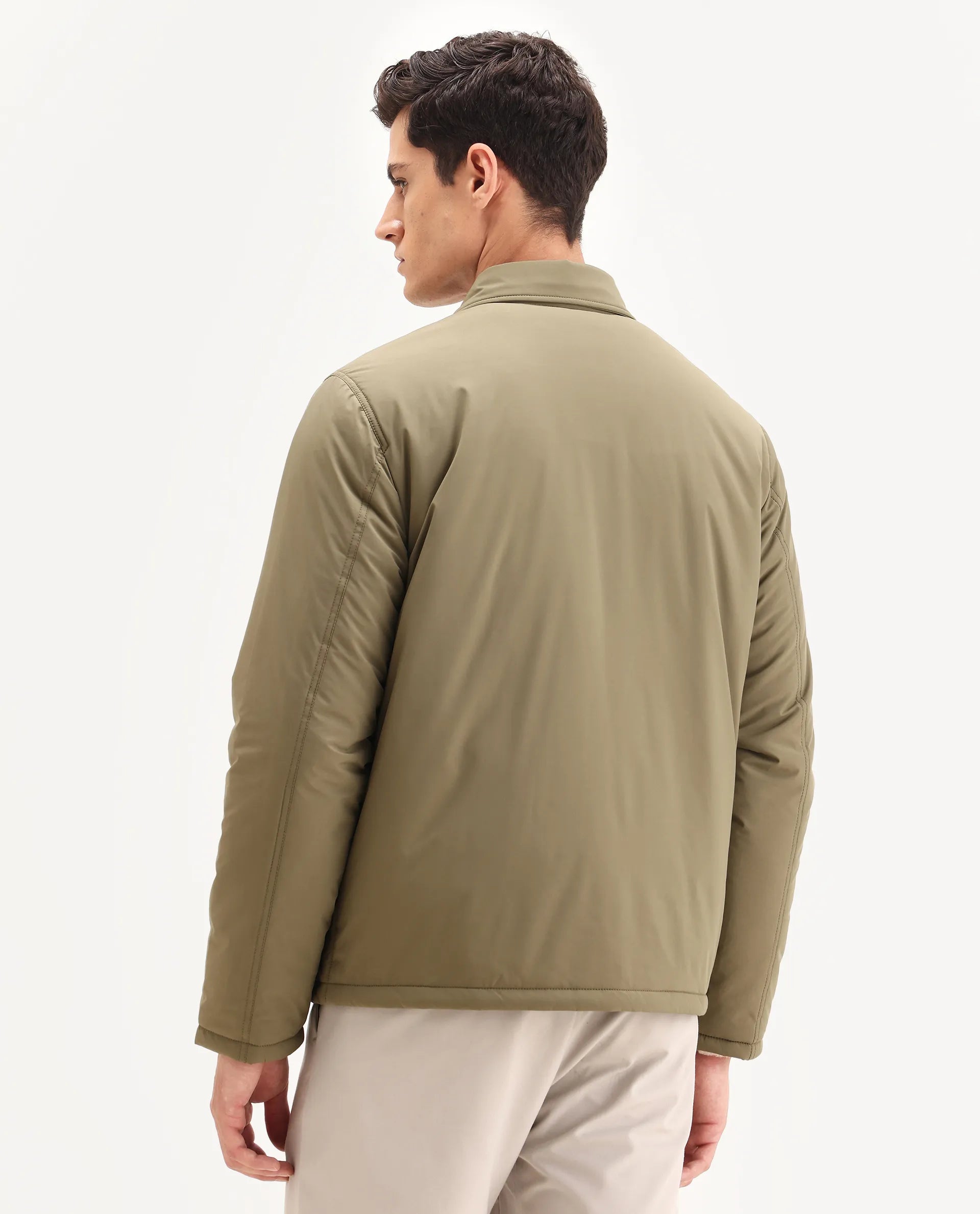 Rare Rabbit Men's Fagu-25 Olive Polyester Blend Fabric Collared Neck Relaxed Fit Plain Jacket