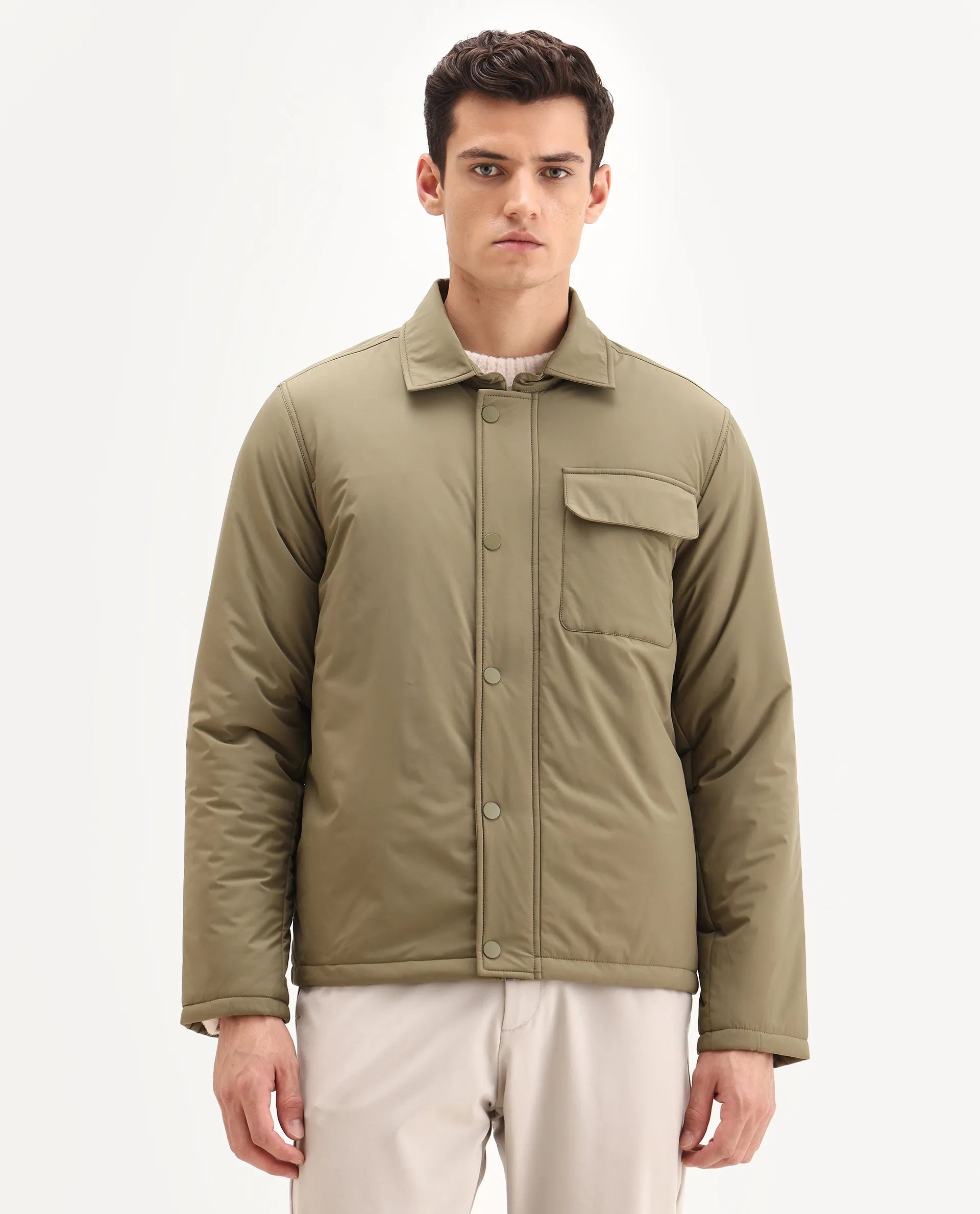 Rare Rabbit Men's Fagu-25 Olive Polyester Blend Fabric Collared Neck Relaxed Fit Plain Jacket