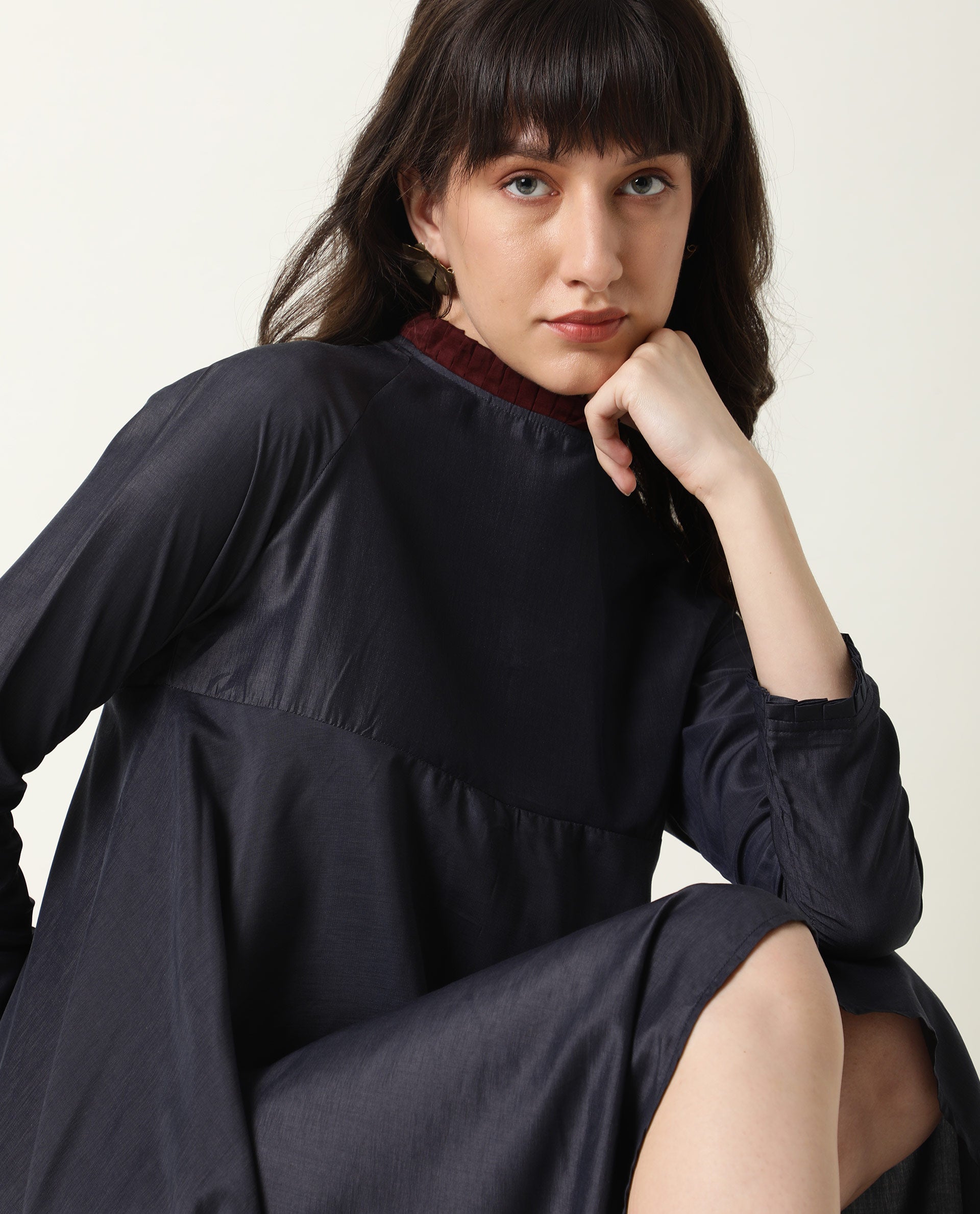 Rareism Womens Falcon Navy Dress Polyester Fabric Relaxed Fit Full Sleeve Round Neck