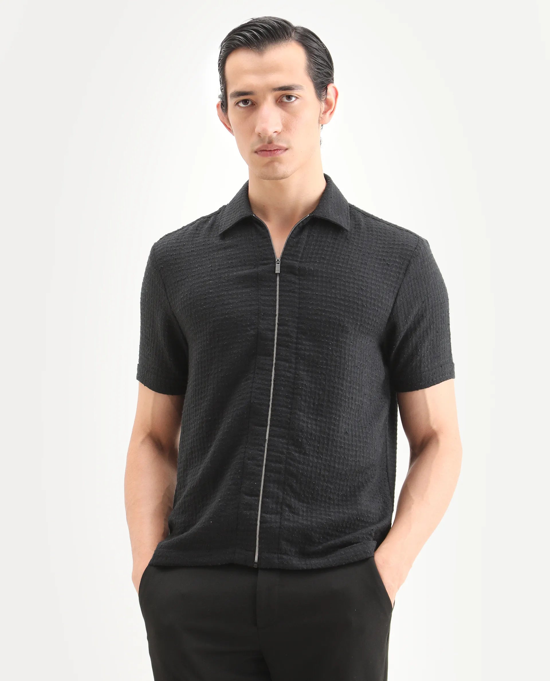 Rare Rabbit Men's Fale Black Polyester Fabric Half Sleeve Spread Collar Regular Fit Textured Shirt