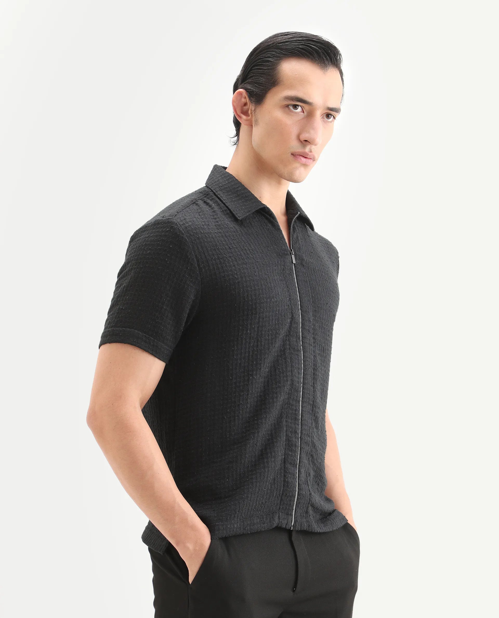 Rare Rabbit Men's Fale Black Polyester Fabric Half Sleeve Spread Collar Regular Fit Textured Shirt
