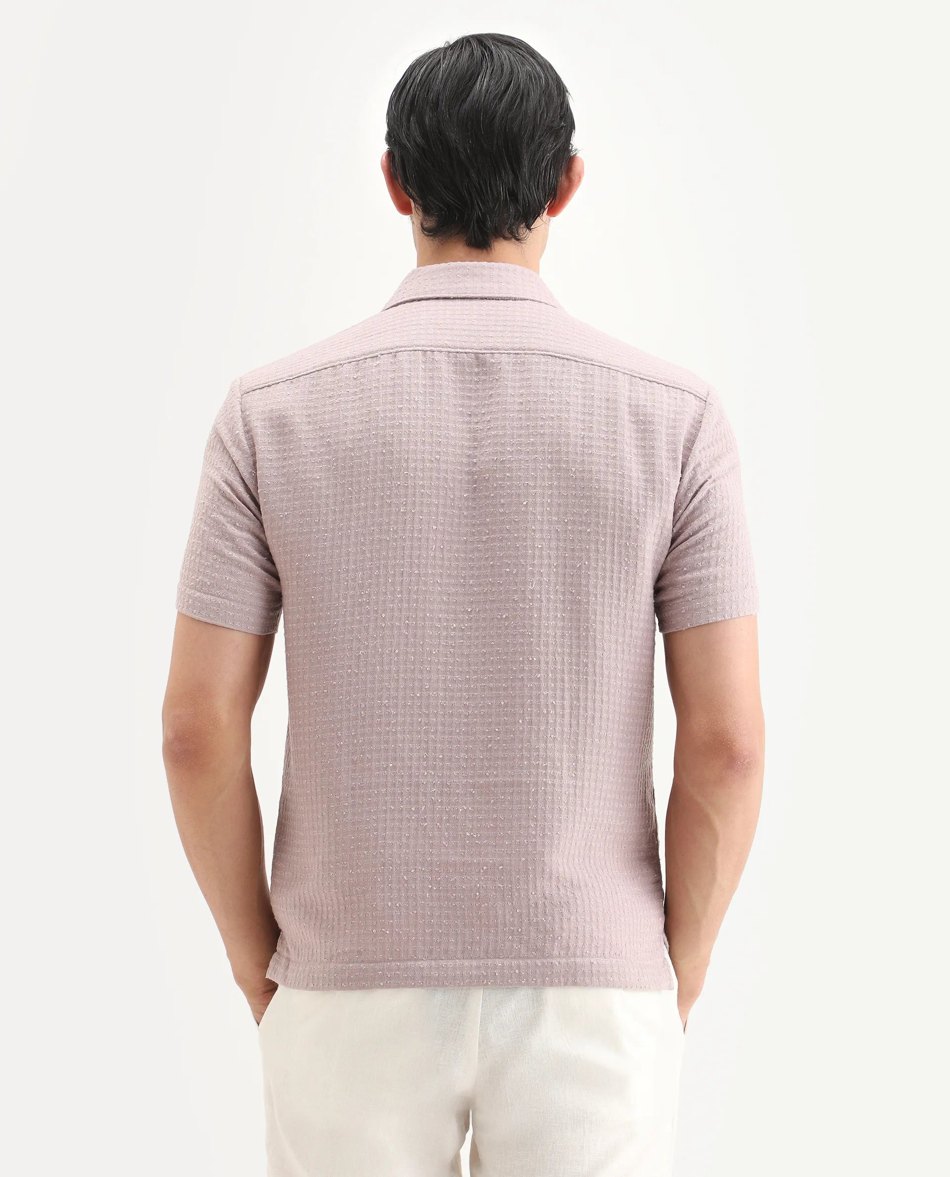 Rare Rabbit Men's Fale Dusky Pink Polyester Fabric Half Sleeve Spread Collar Regular Fit Textured Shirt