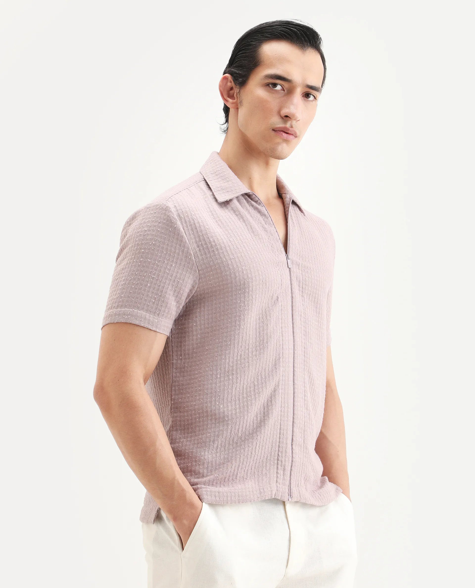 Rare Rabbit Men's Fale Dusky Pink Polyester Fabric Half Sleeve Spread Collar Regular Fit Textured Shirt