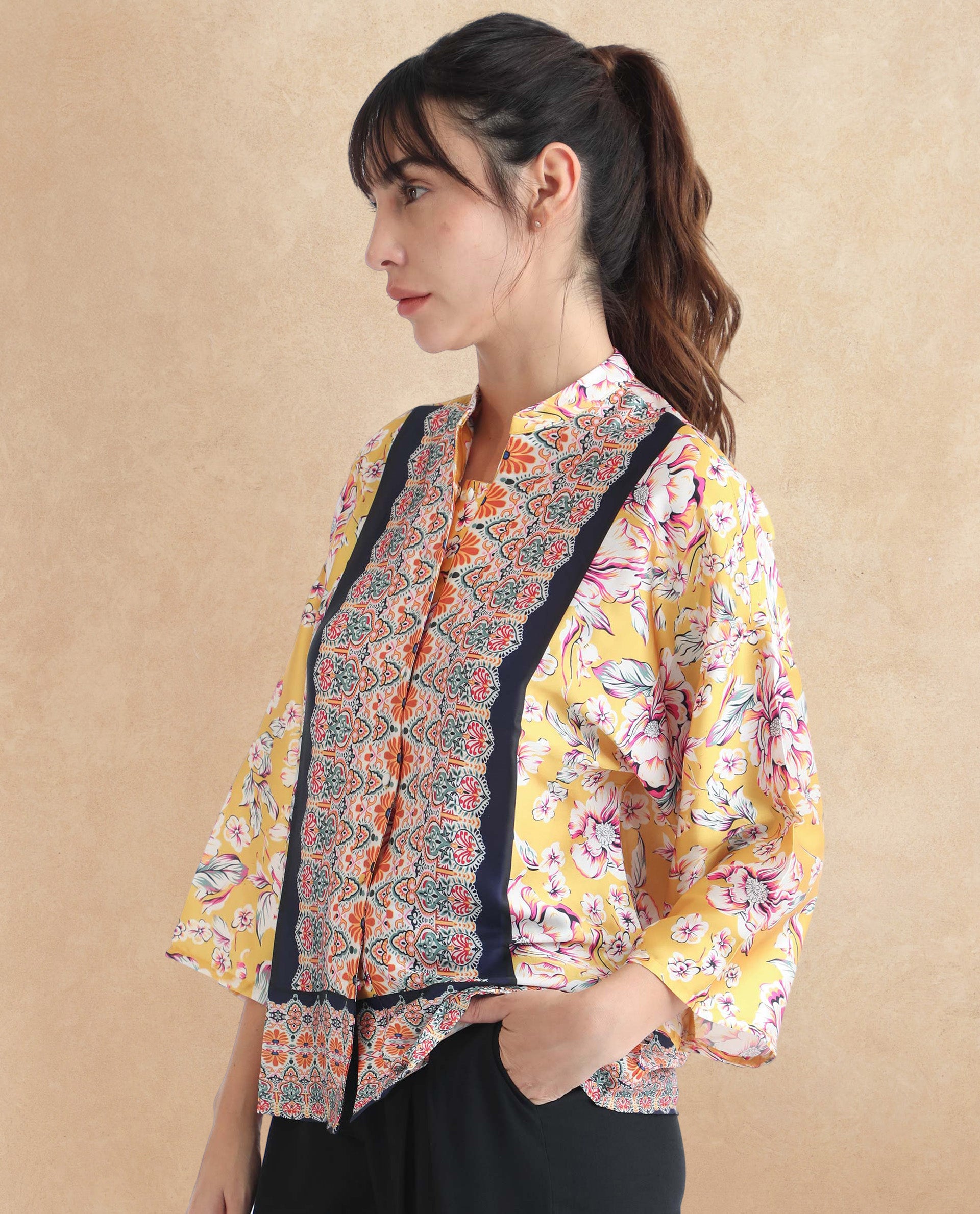 Rareism Women Falke Yellow Polyester Fabric 3/4Th Sleeves Button Closure Mandarin Collar Kimono Sleeve Regular Fit Floral Print Knee Top