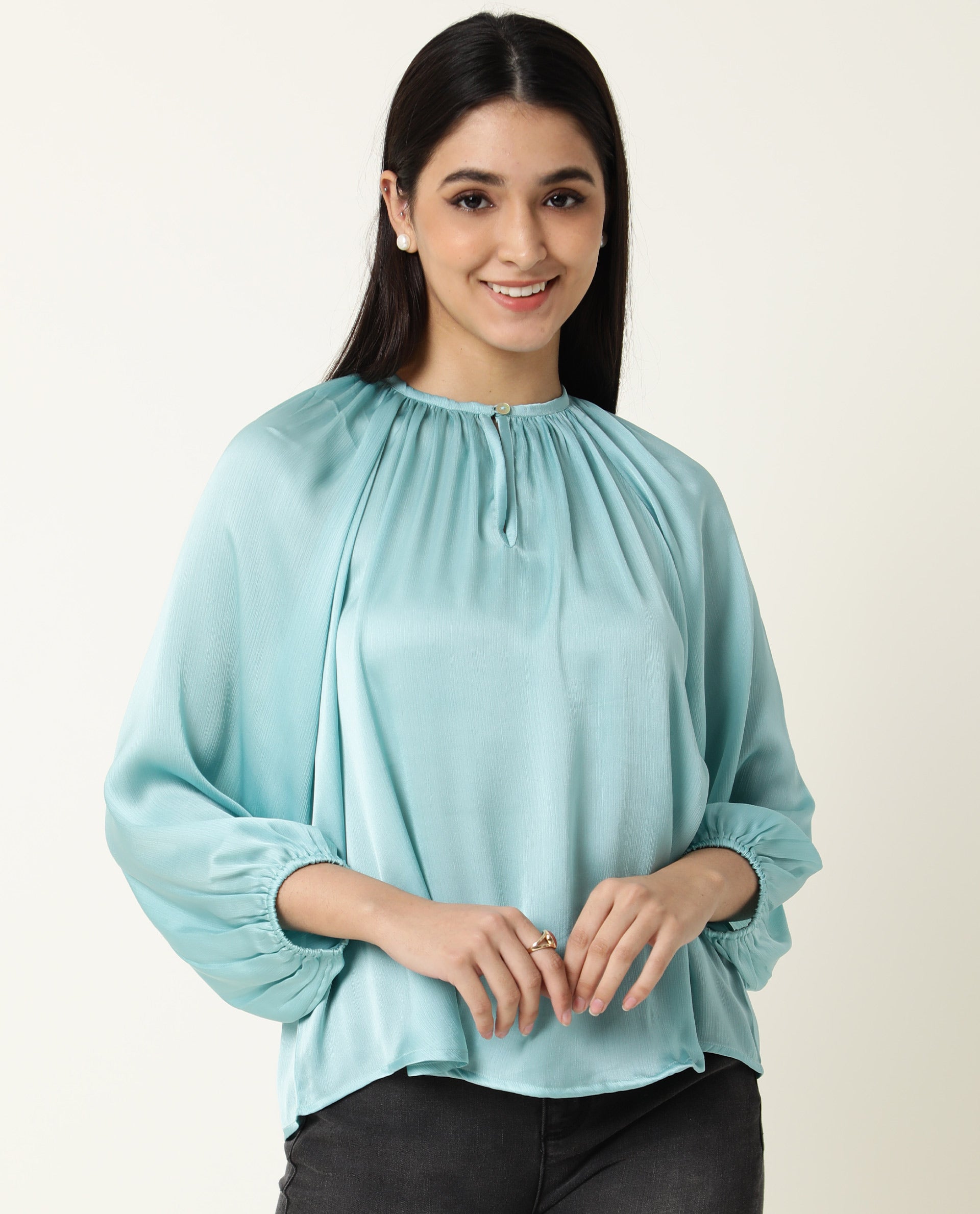 Rareism Womens Fall Blue Top Polyester Fabric Regular Fit Balloon Sleeve Round Neck