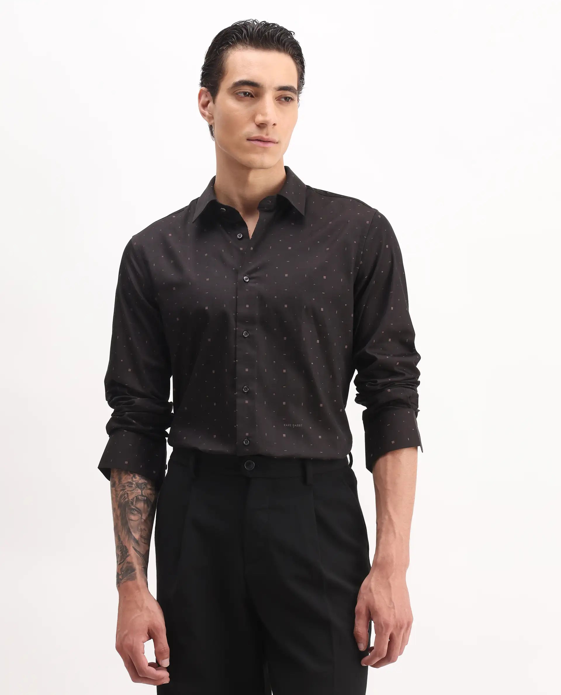 Rare Rabbit Men's Falo Brown Cotton Plain Regular Fit Full Sleeve Collared Shirt