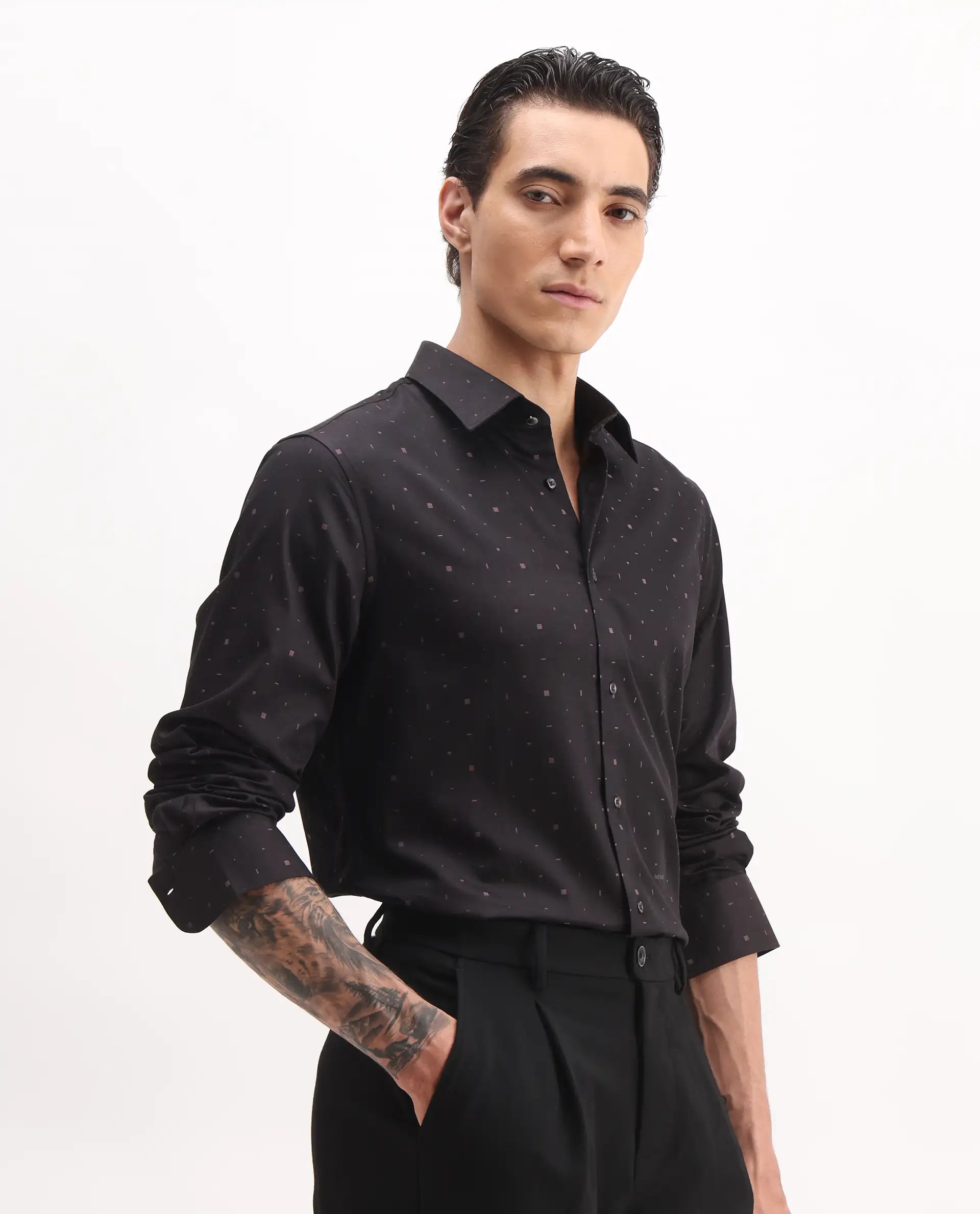 Rare Rabbit Men's Falo Brown Cotton Plain Regular Fit Full Sleeve Collared Shirt