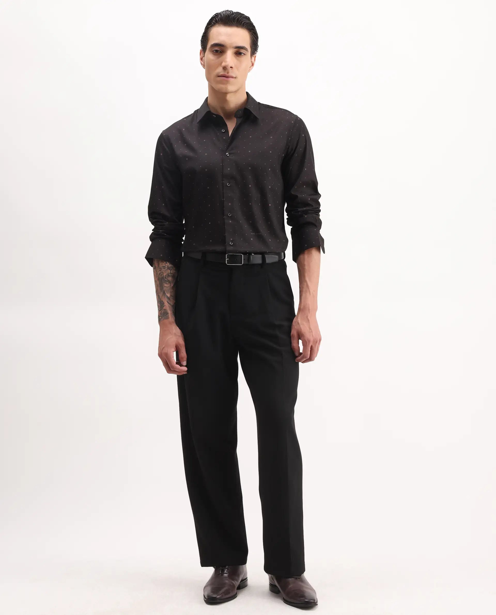 Rare Rabbit Men's Falo Brown Cotton Plain Regular Fit Full Sleeve Collared Shirt