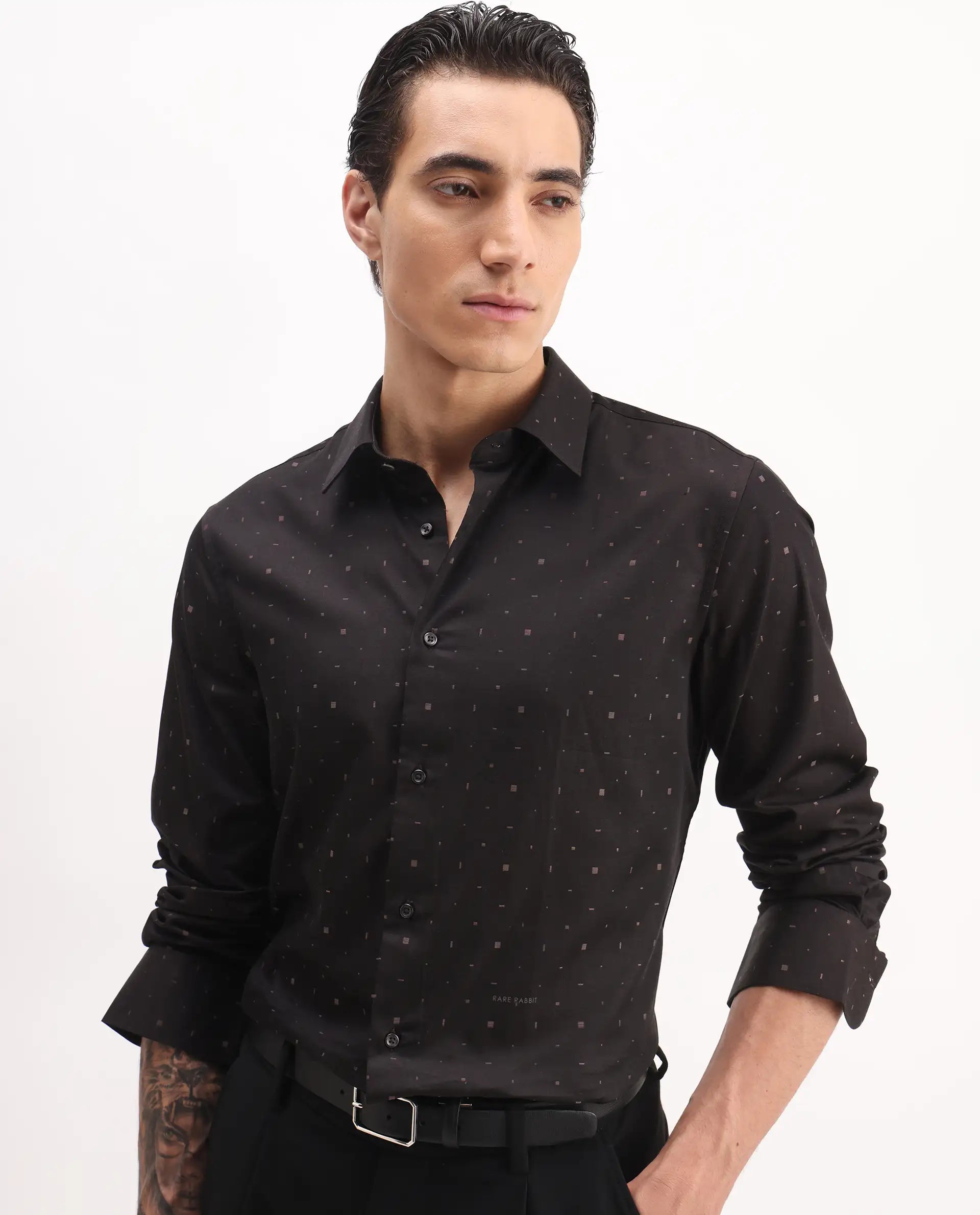 Rare Rabbit Men's Falo Brown Cotton Plain Regular Fit Full Sleeve Collared Shirt