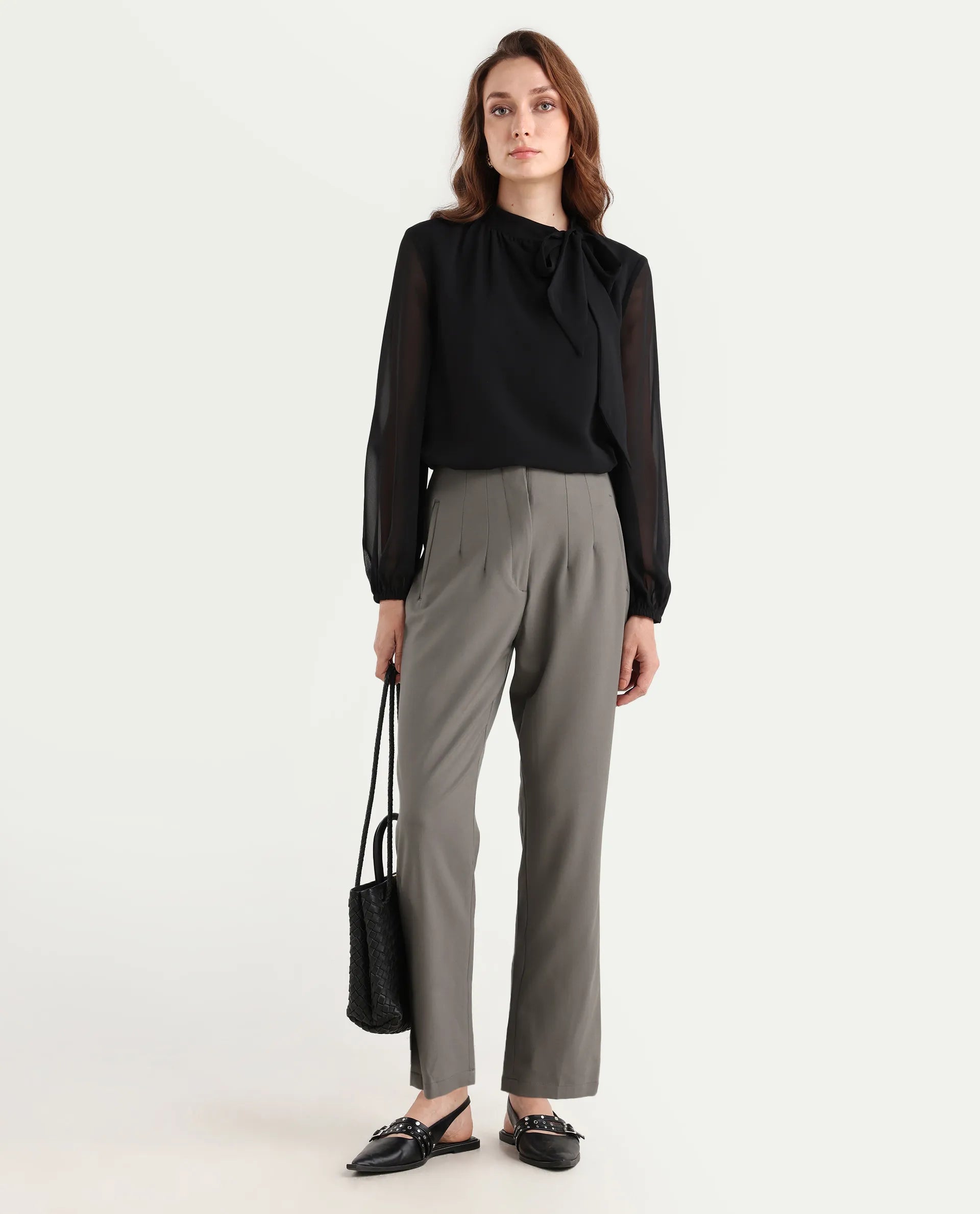 Rareism Women's Falqu Dusky Grey Polyester Blend Plain Ankle Length Tapered Trouser