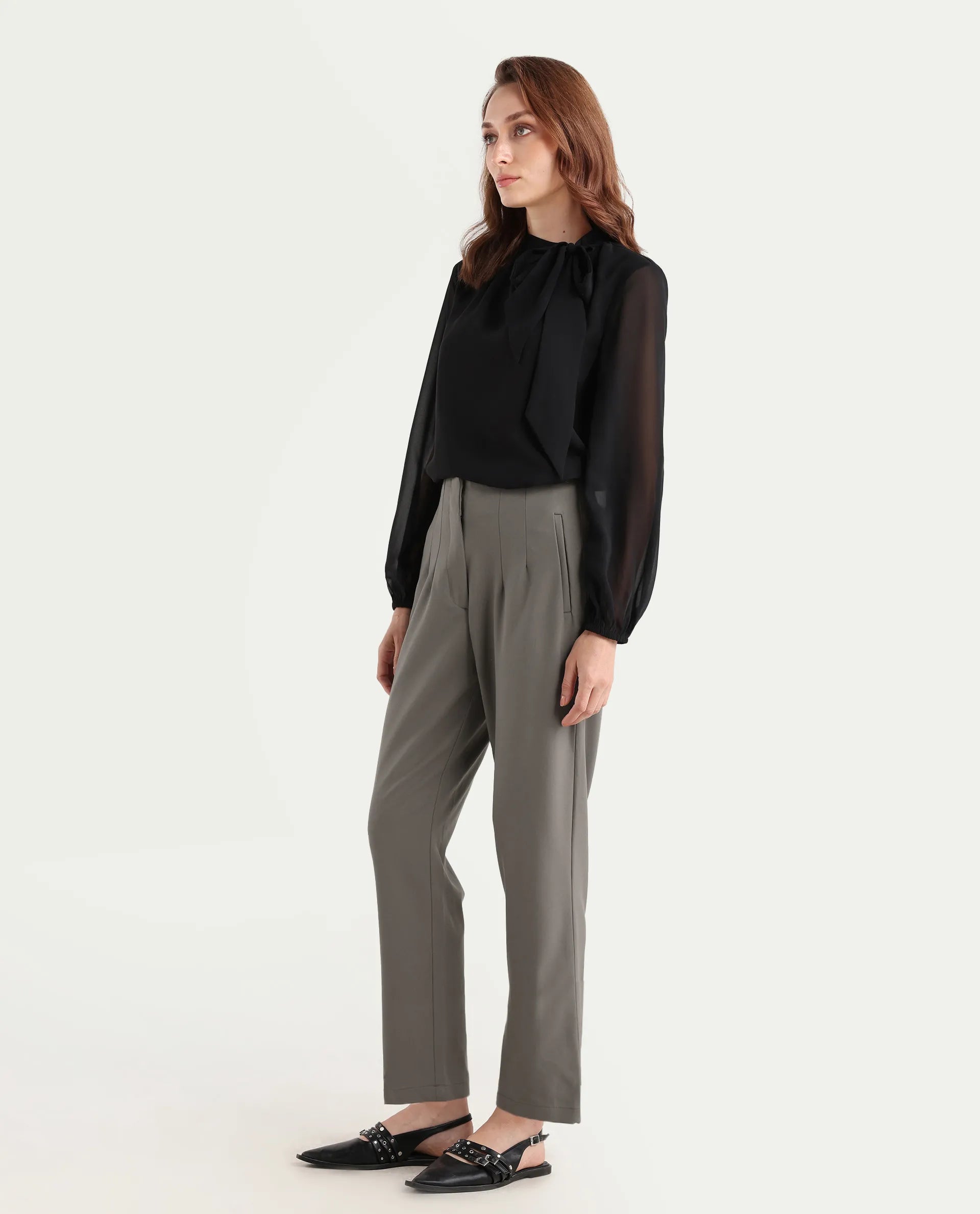 Rareism Women's Falqu Dusky Grey Polyester Blend Plain Ankle Length Tapered Trouser