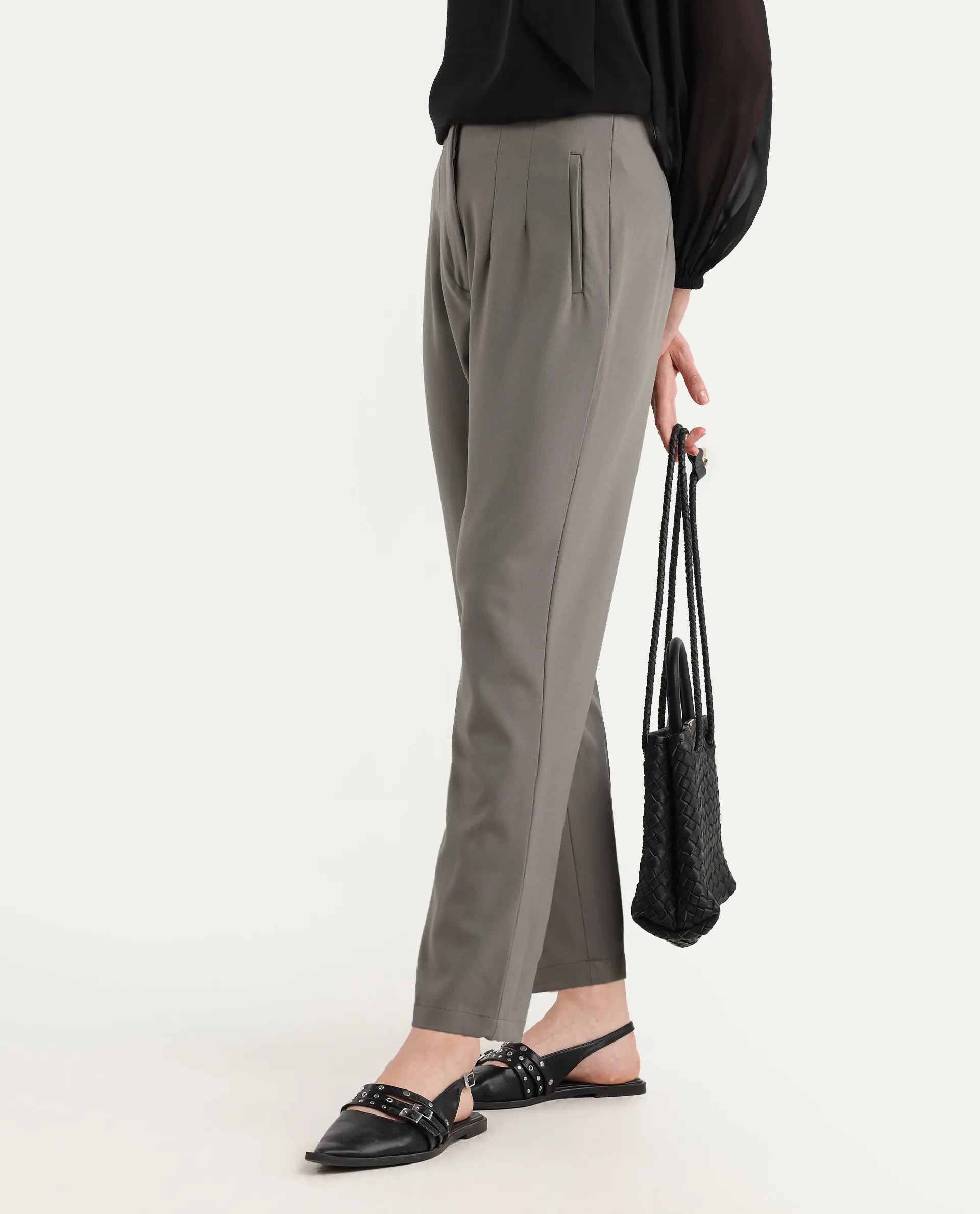 Rareism Women's Falqu Dusky Grey Polyester Blend Plain Ankle Length Tapered Trouser