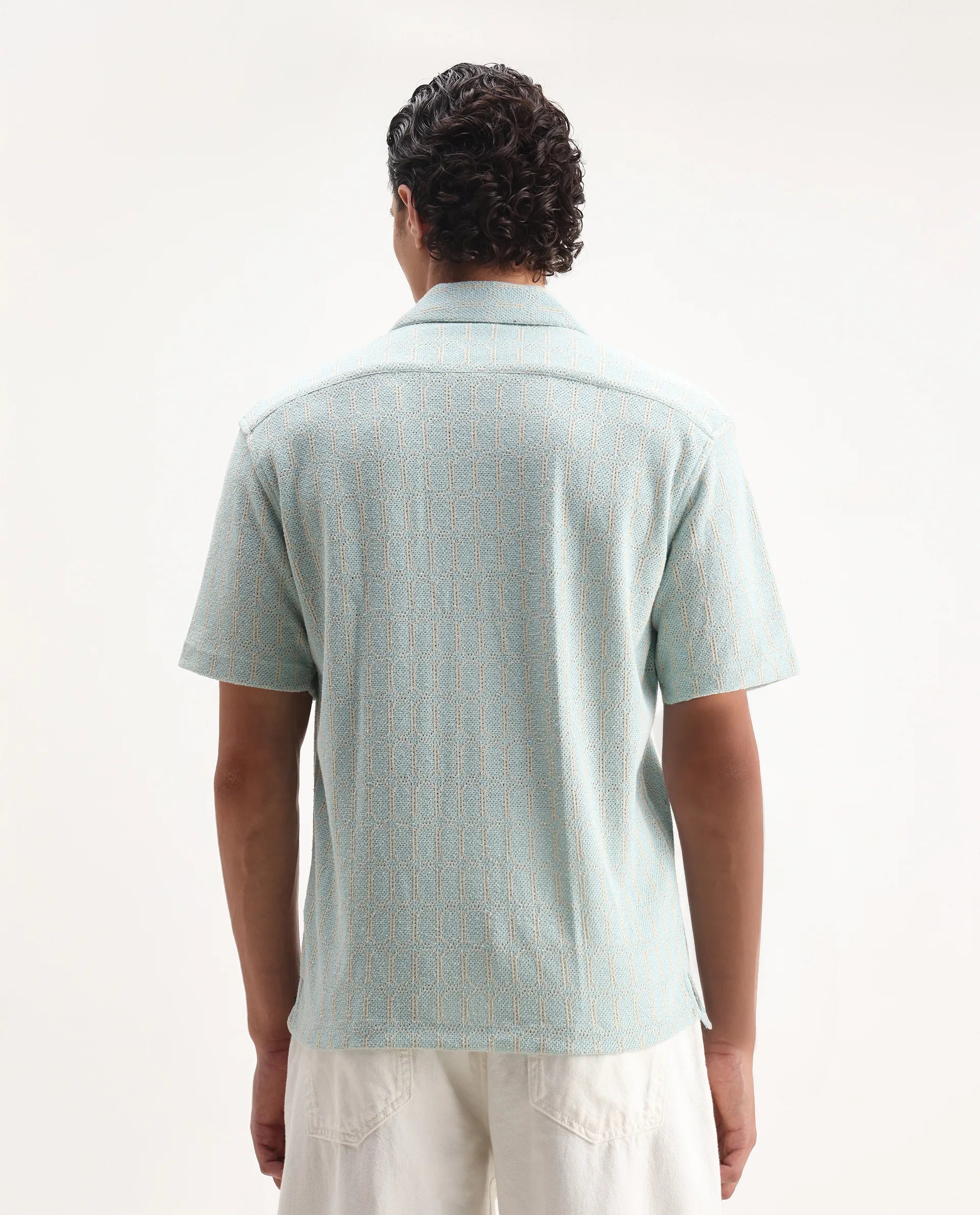 Rare Rabbit Men's Fame Light Blue Cotton Blend Embroidered Relaxed Fit Half Sleeve Cuban Collar Shirt