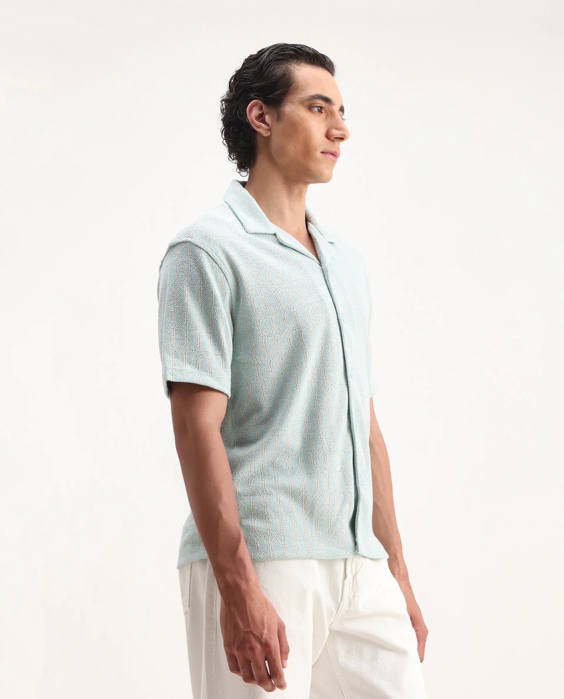 Rare Rabbit Men's Fame Light Blue Cotton Blend Embroidered Relaxed Fit Half Sleeve Cuban Collar Shirt