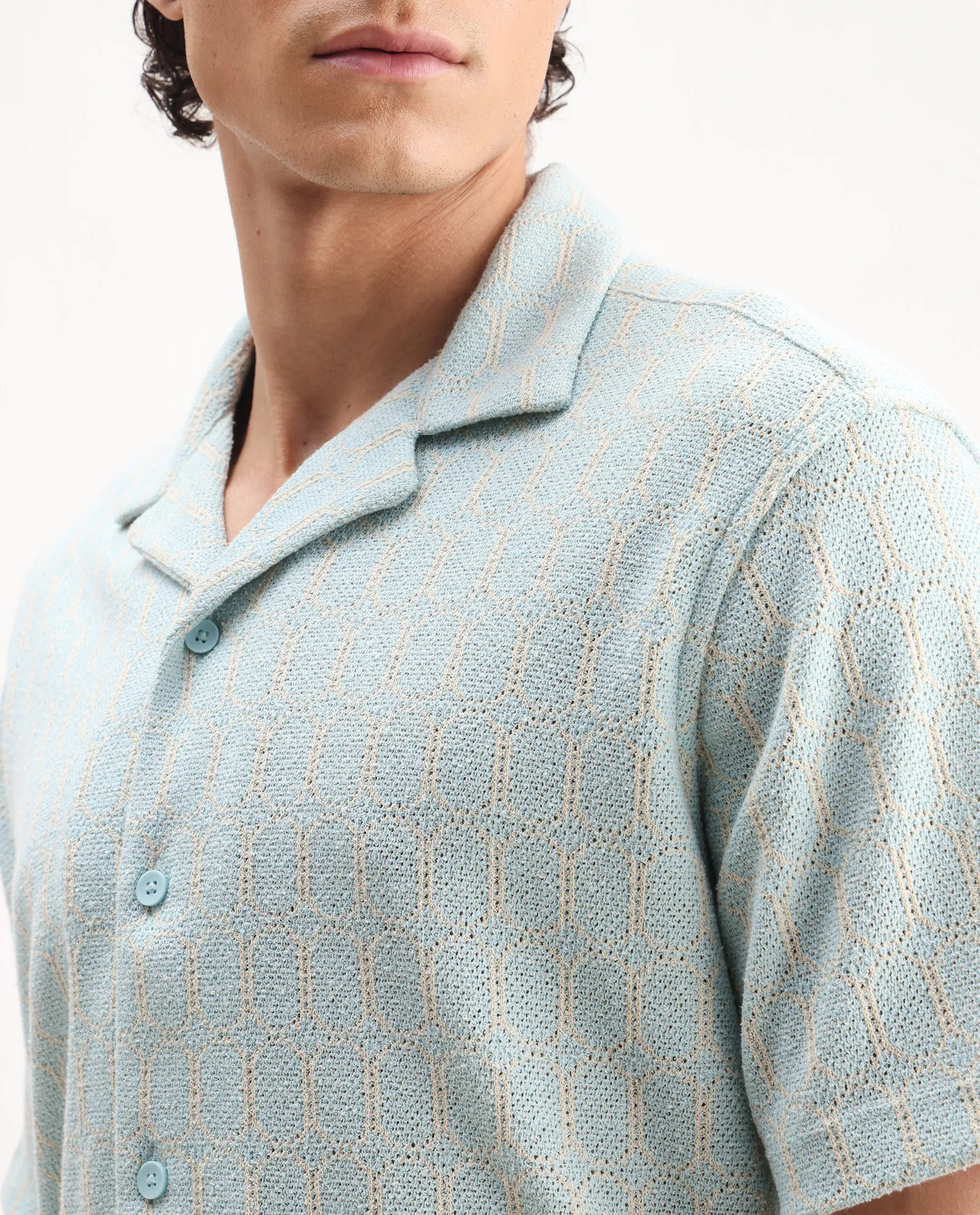 Rare Rabbit Men's Fame Light Blue Cotton Blend Embroidered Relaxed Fit Half Sleeve Cuban Collar Shirt