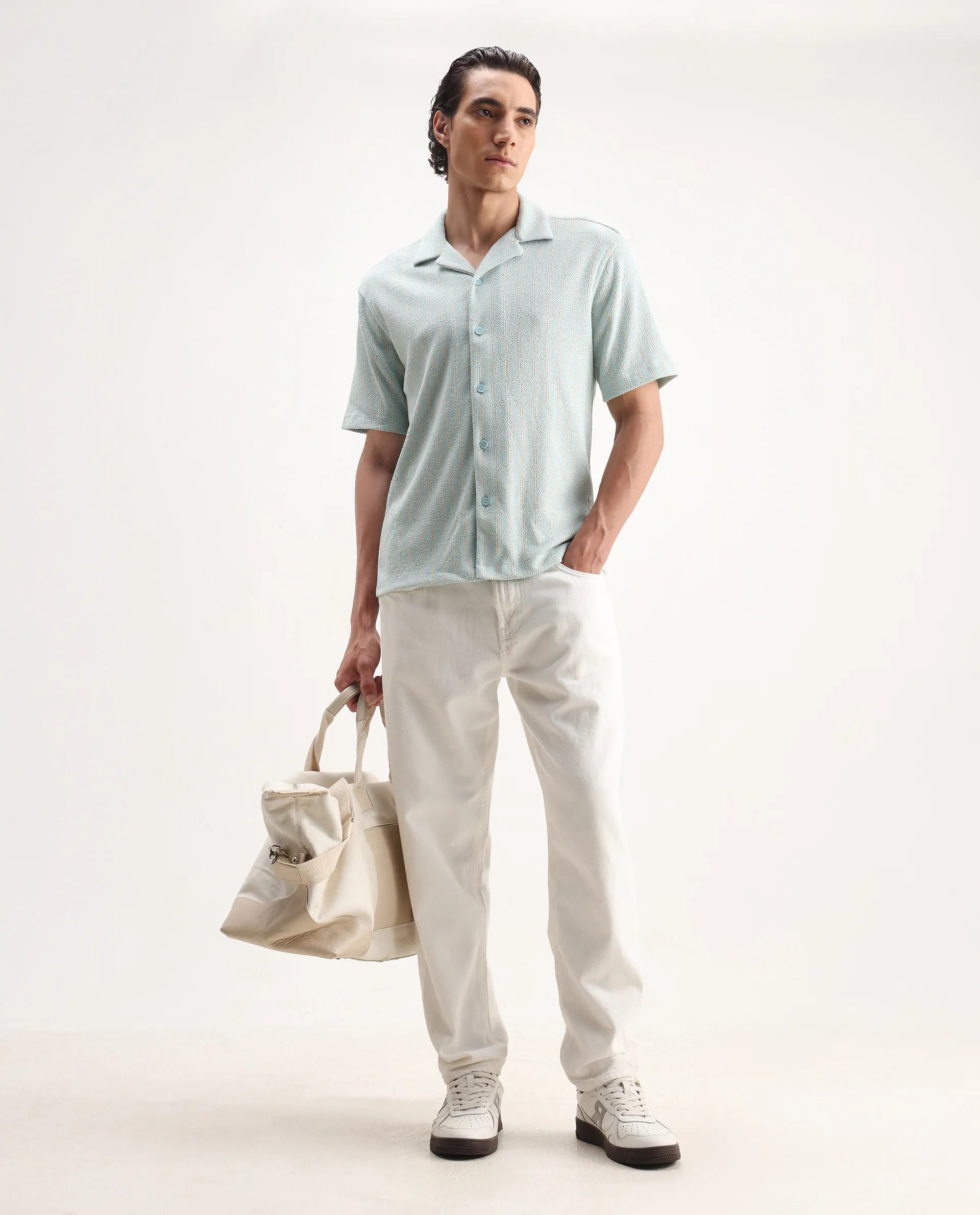 Rare Rabbit Men's Fame Light Blue Cotton Blend Embroidered Relaxed Fit Half Sleeve Cuban Collar Shirt