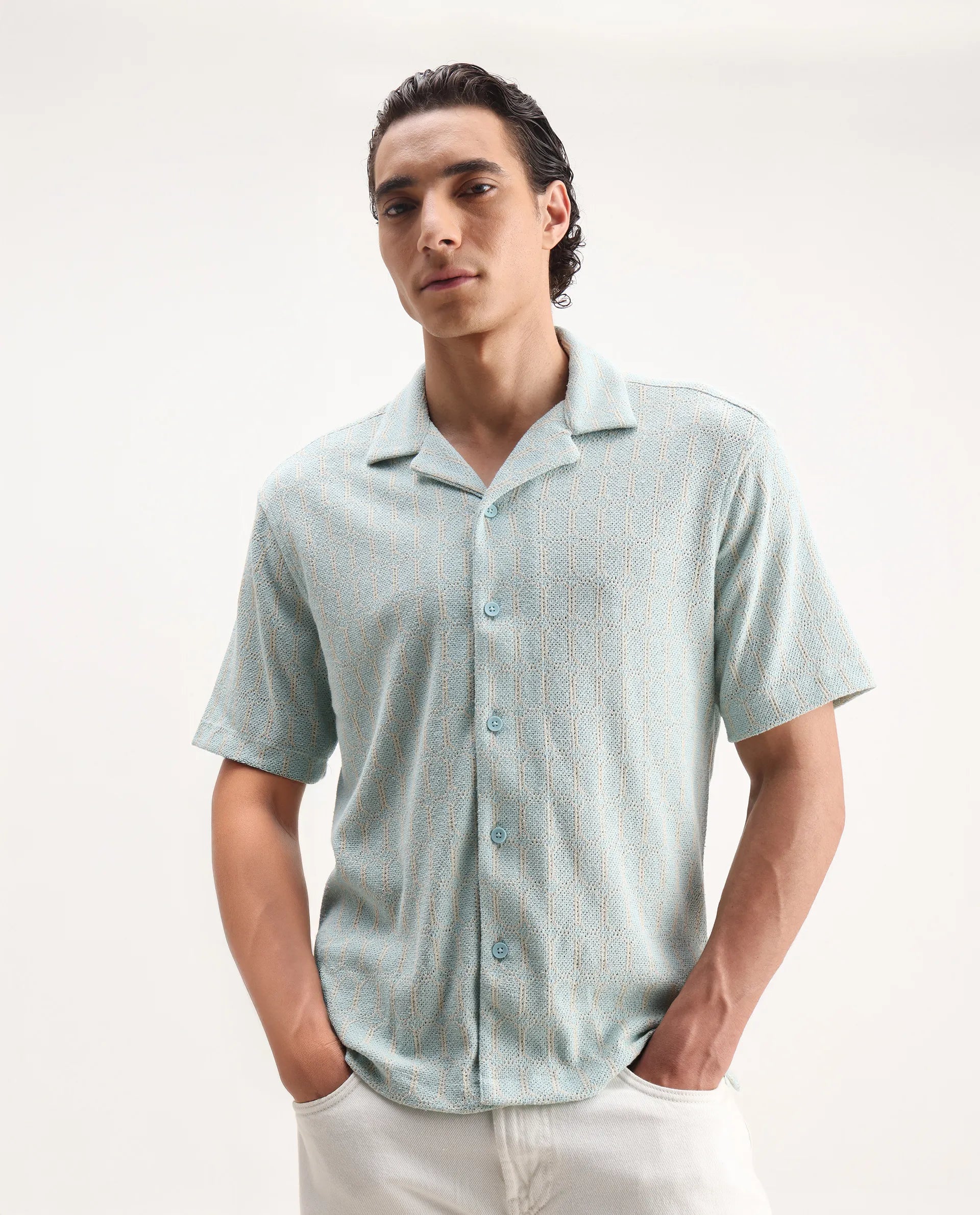 Rare Rabbit Men's Fame Light Blue Cotton Blend Embroidered Relaxed Fit Half Sleeve Cuban Collar Shirt