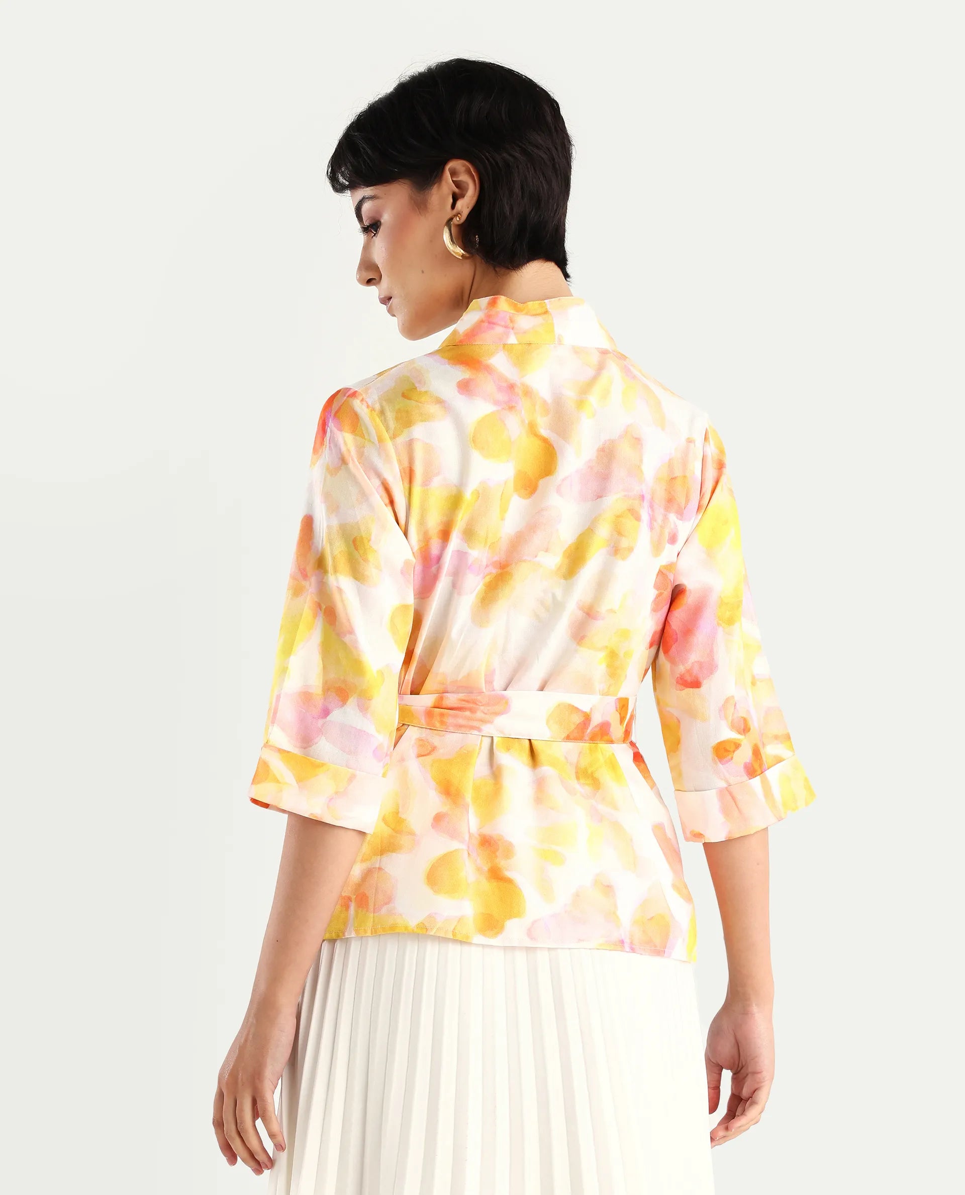 Rareism Women's Famo Light Multi Cotton Blend Overlap Neck Abstract Print Regular Fit Top