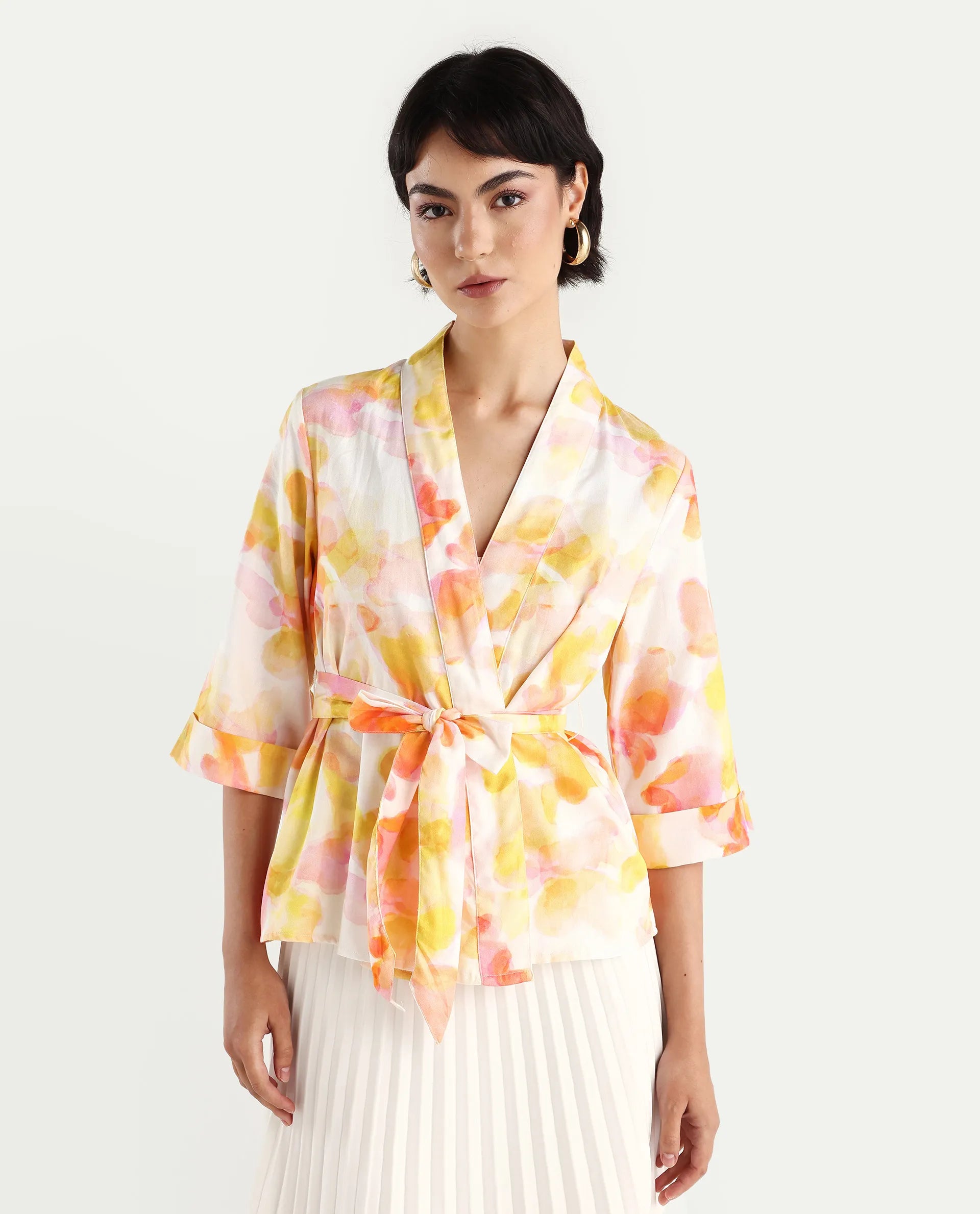 Rareism Women's Famo Light Multi Cotton Blend Overlap Neck Abstract Print Regular Fit Top