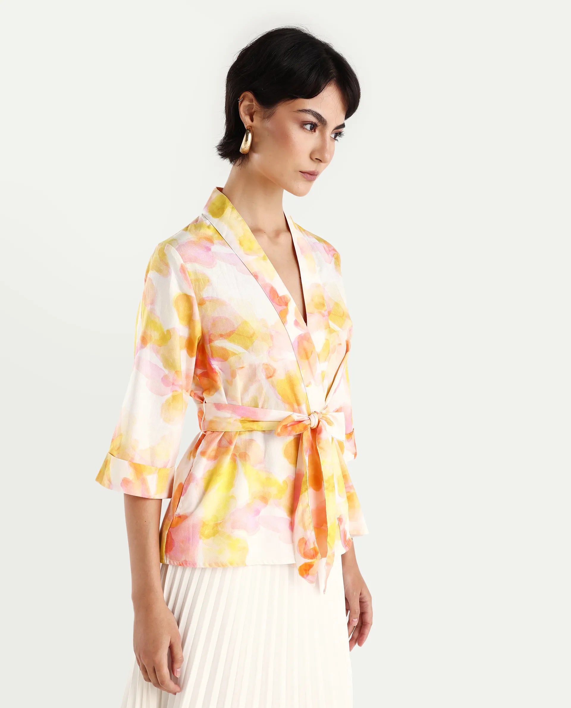 Rareism Women's Famo Light Multi Cotton Blend Overlap Neck Abstract Print Regular Fit Top