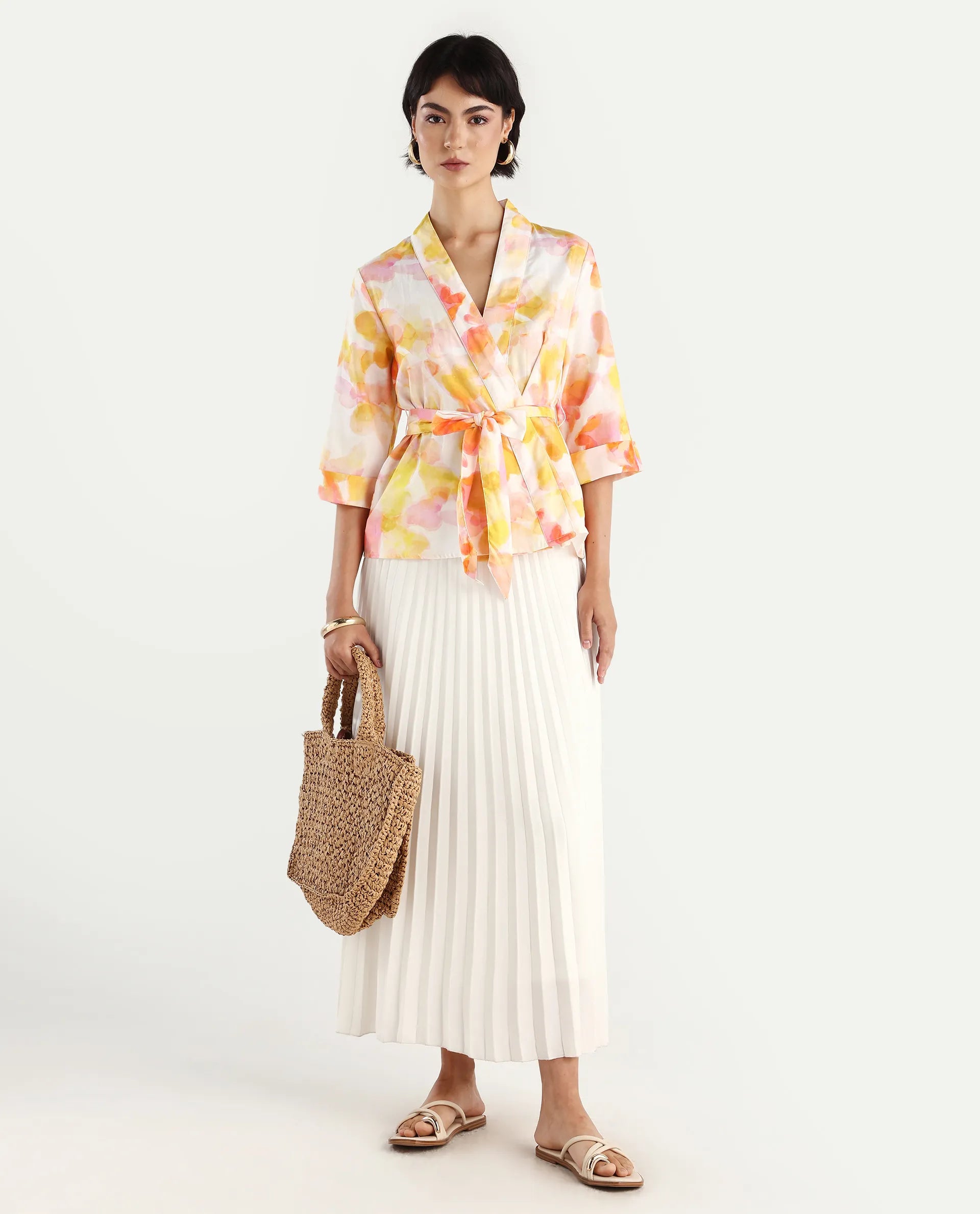 Rareism Women's Famo Light Multi Cotton Blend Overlap Neck Abstract Print Regular Fit Top